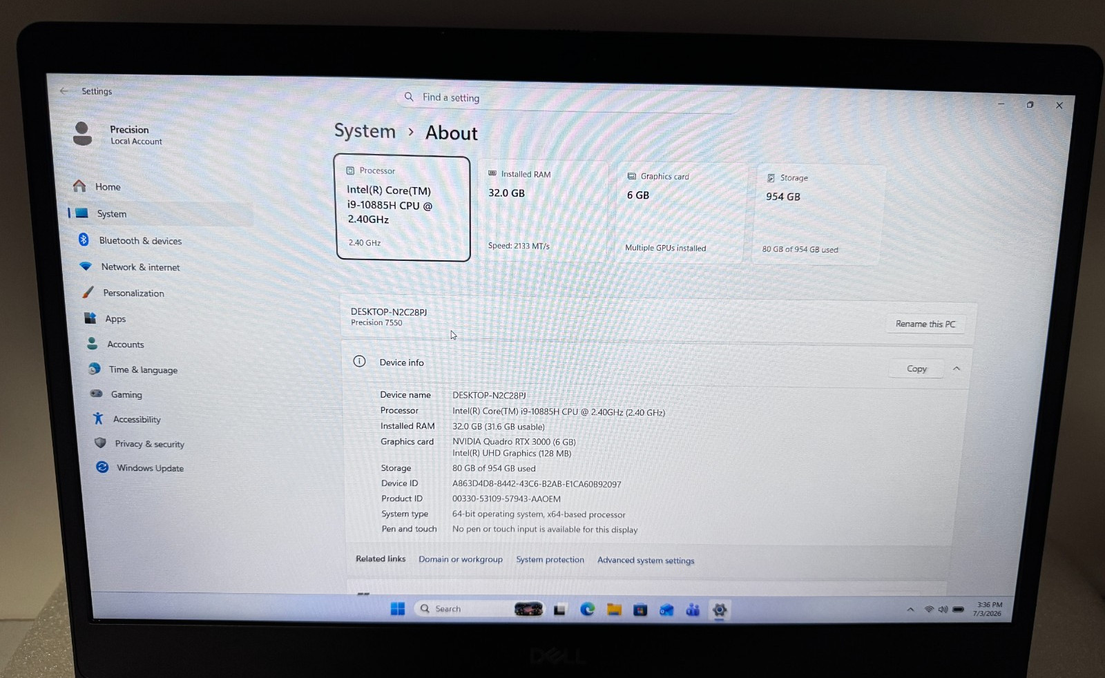 Dell Precision 7550 15.6″ Laptop i9-10885H 32GB 1TB Nvidia RTX3000 Windows 11