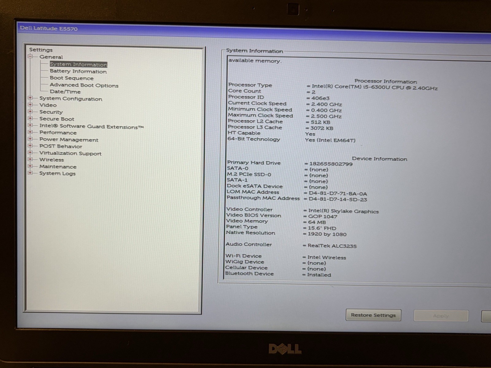 DELL LATITUDE E5570 FHD 15.6” INTEL i5-6300U 8GB RAM 250GB SSD WINDOWS 11 PRO