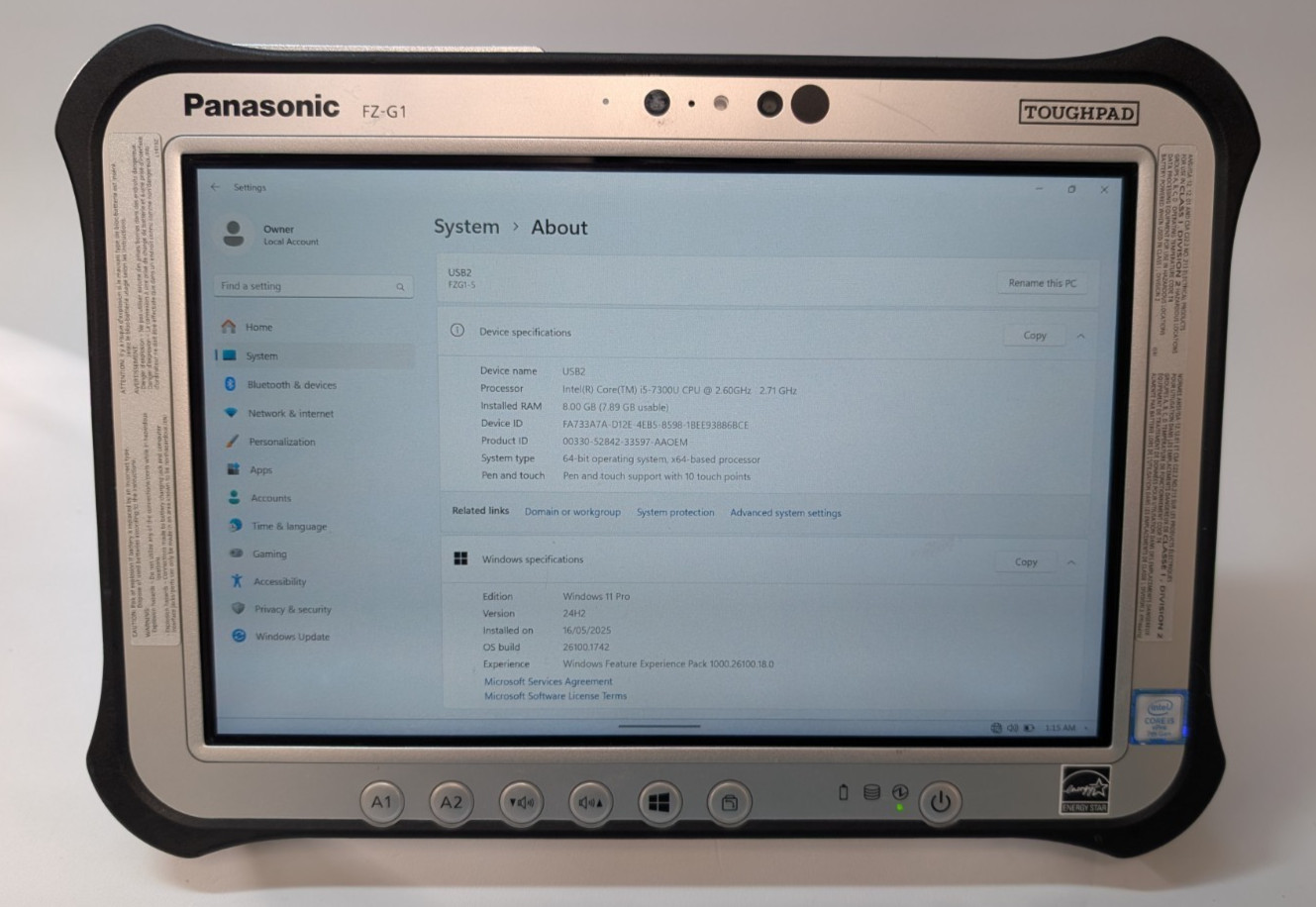 Panasonic Toughpad FZ-G1 MK5, i5-7300U, 8GB RAM, 240GB SSD Rugged Tablet