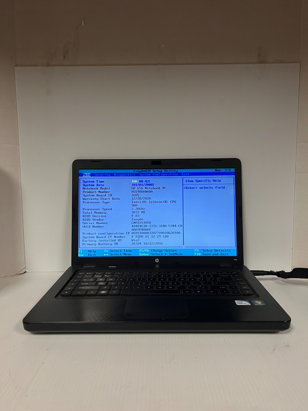 HP G56-129WM 15″ Laptop, intel celeron 900, 3GB RAM, No HDD