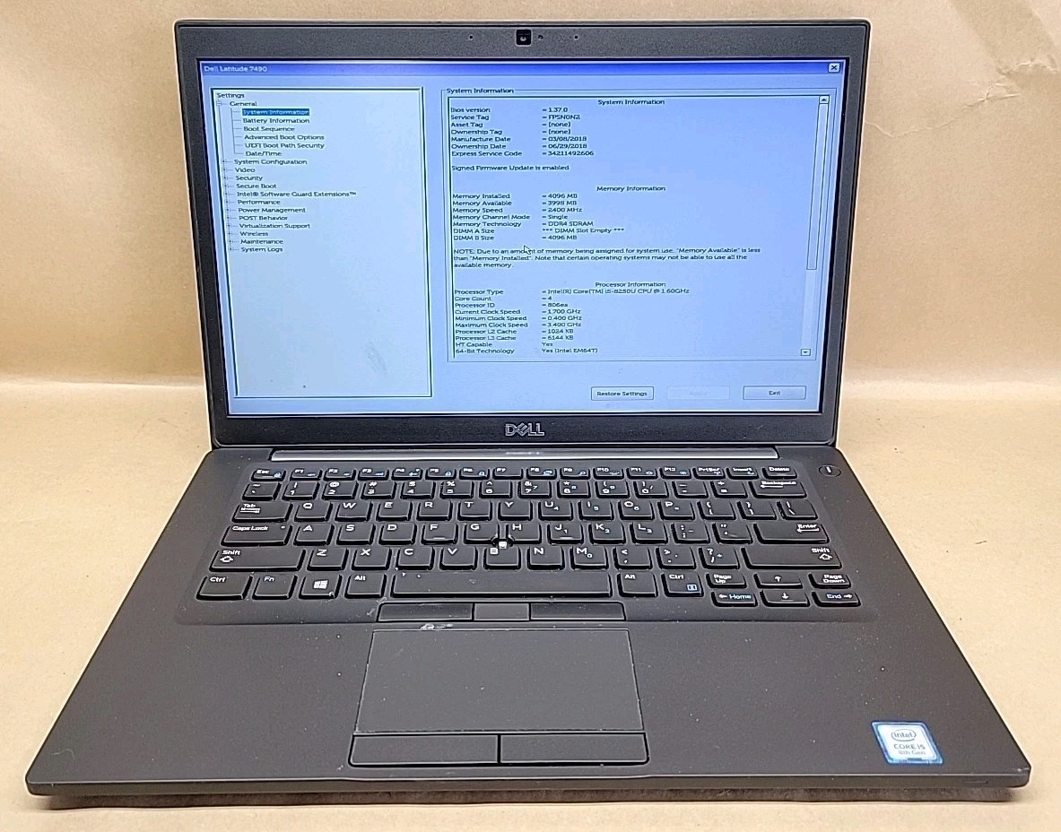 Dell Latitude 7490, Intel Core i5-8250U @ 1.6GHz, 4GB RAM, NO SSD, NO OS