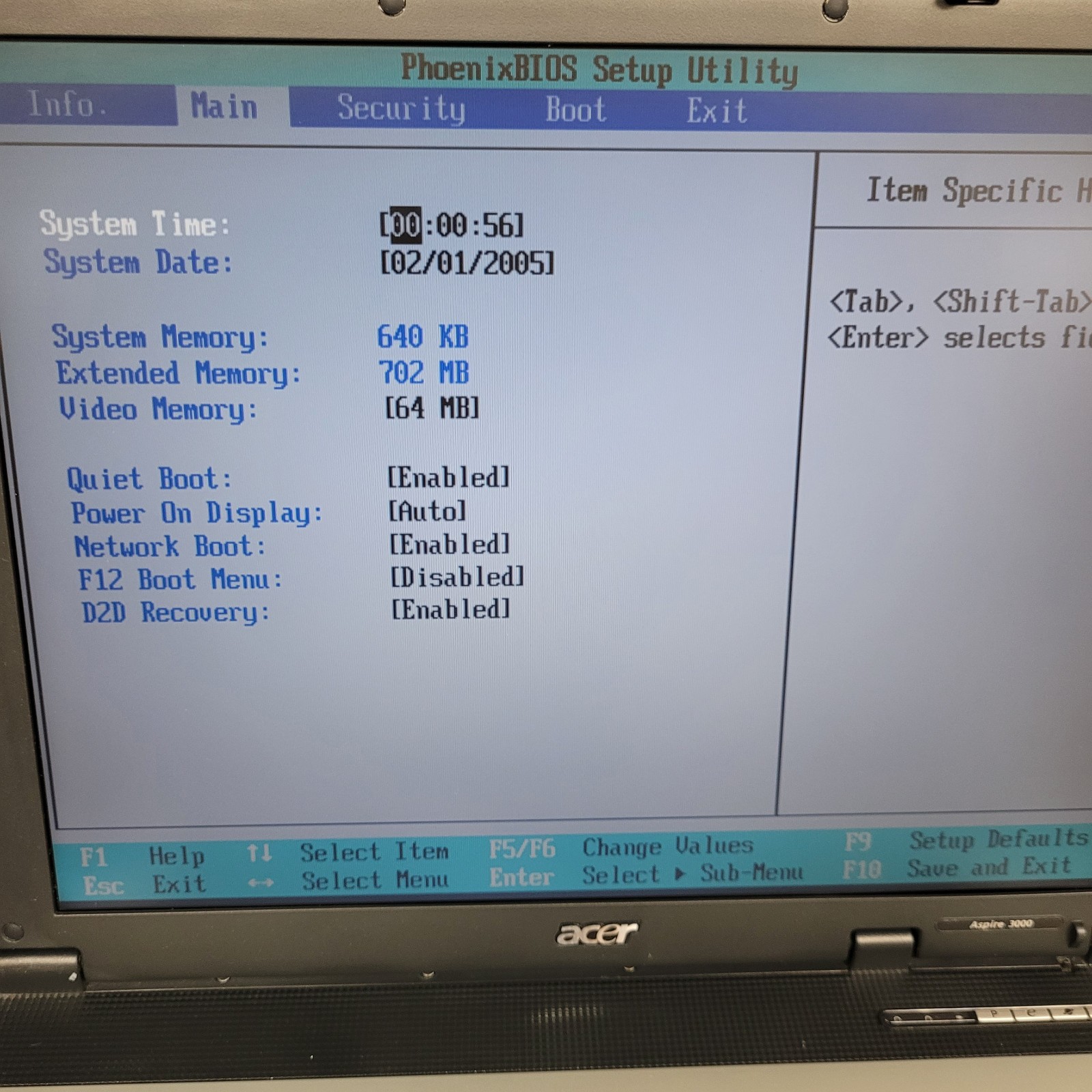 Acer Aspire 3003 LCi Laptop / AMD Sempron 3000 CPU / 640 KB RAM / NO HDD