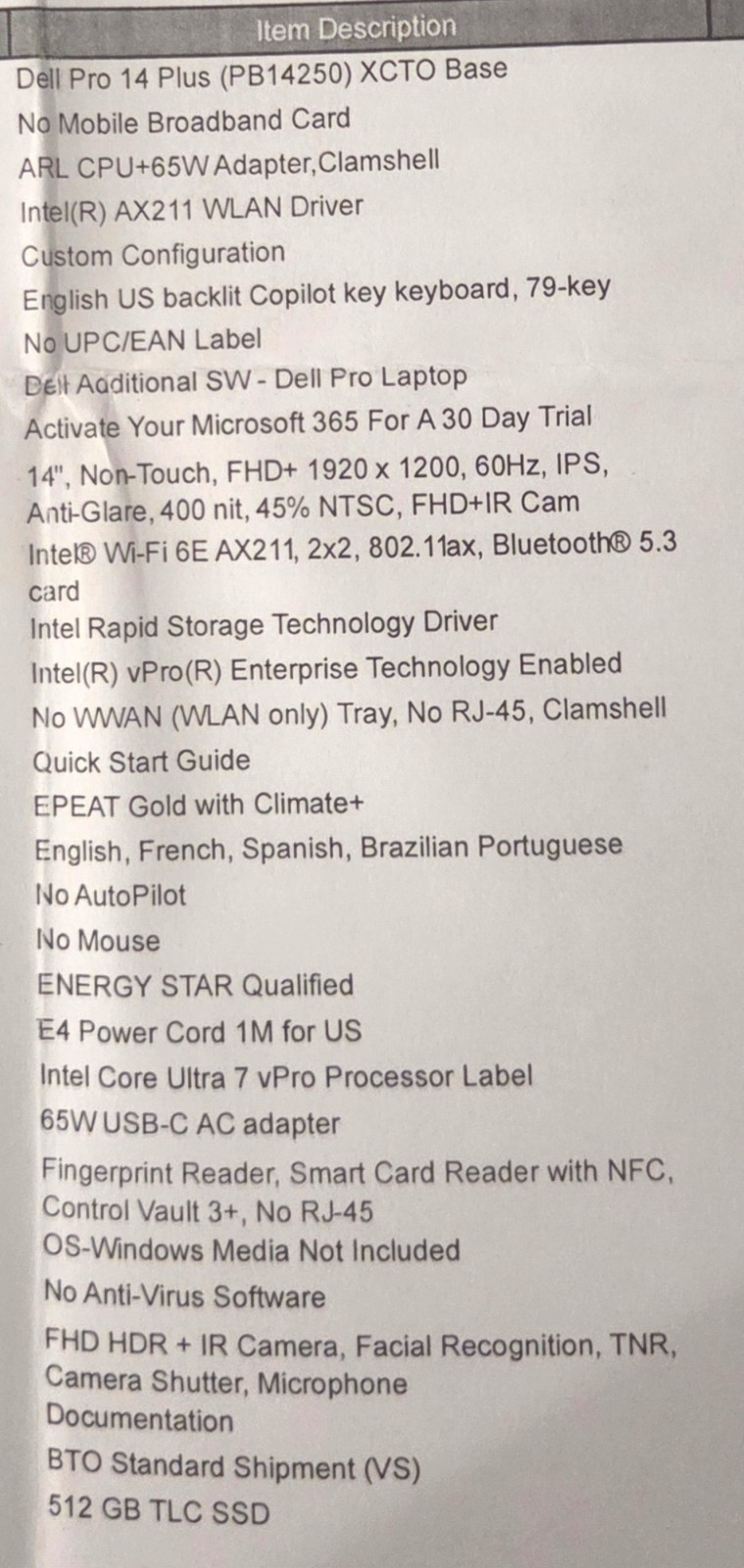 New Dell Pro 14 Plus PB14250 Laptop 14-inch Non-touch, Ultra 7, 16GB, 512GB SSD