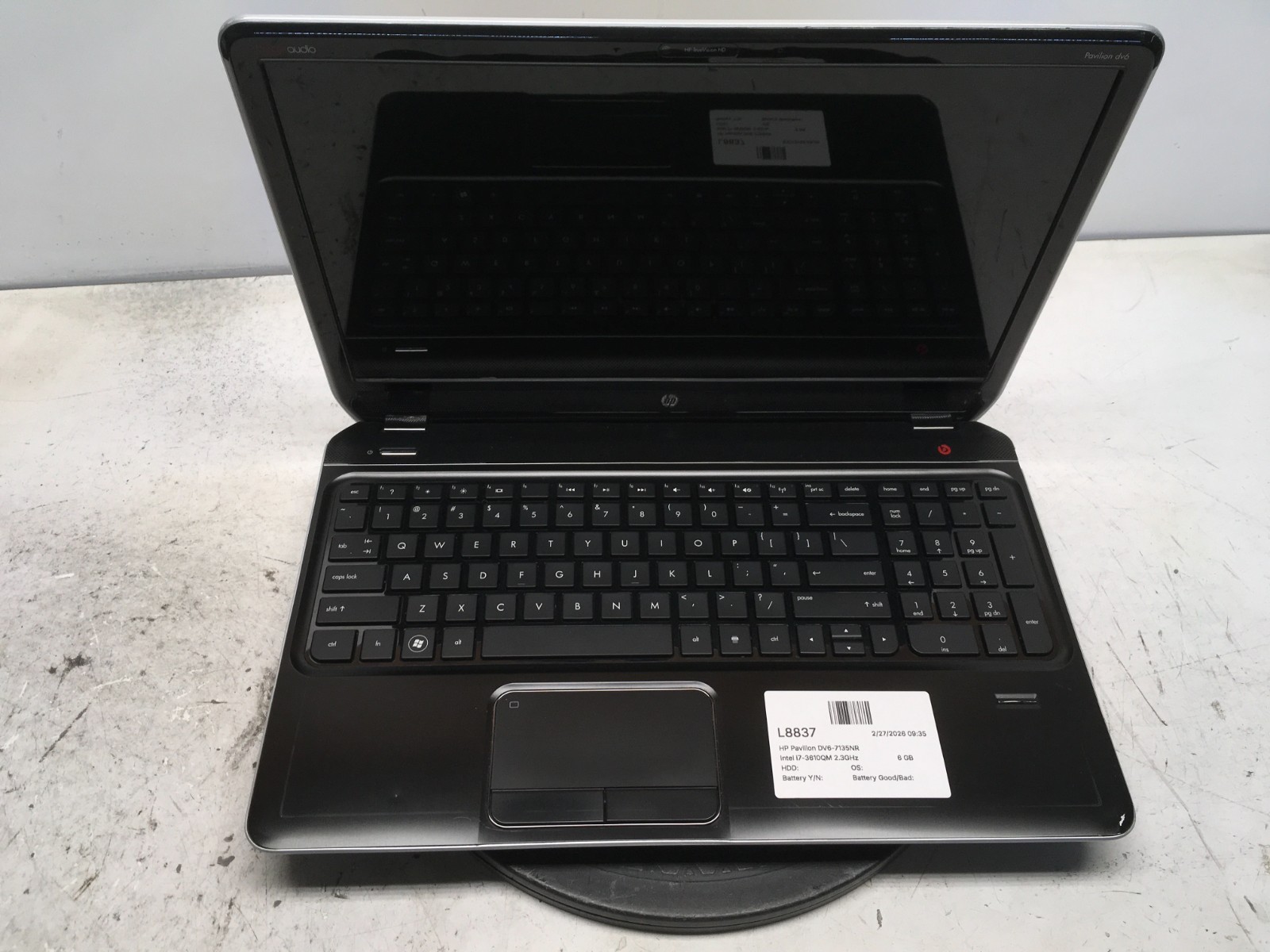 HP Pavilion DV6-7135NR Intel i7-3610QM 2.3GHz 6 GB NO HDD