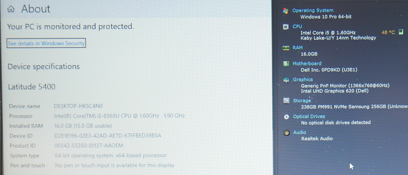 Dell Latitude 5400 Intel Core i5-8365U 1.60GHz 16 GB 256GB SSD 14″ Win 10 Pro TW