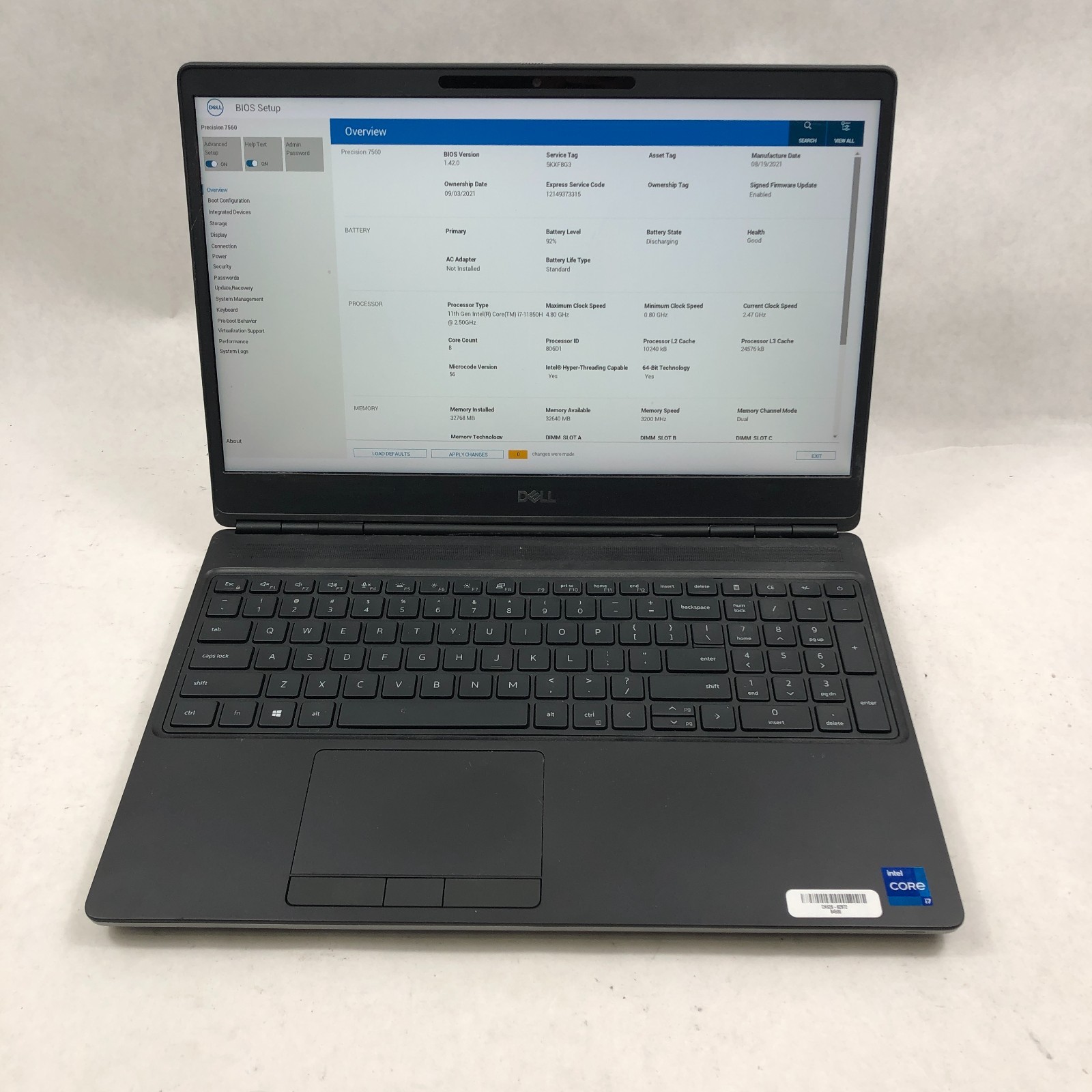DELL PRECISION 7560 FHD Core i7-11850H 32GB RAM 512GB SSD RTX A3000 No OS