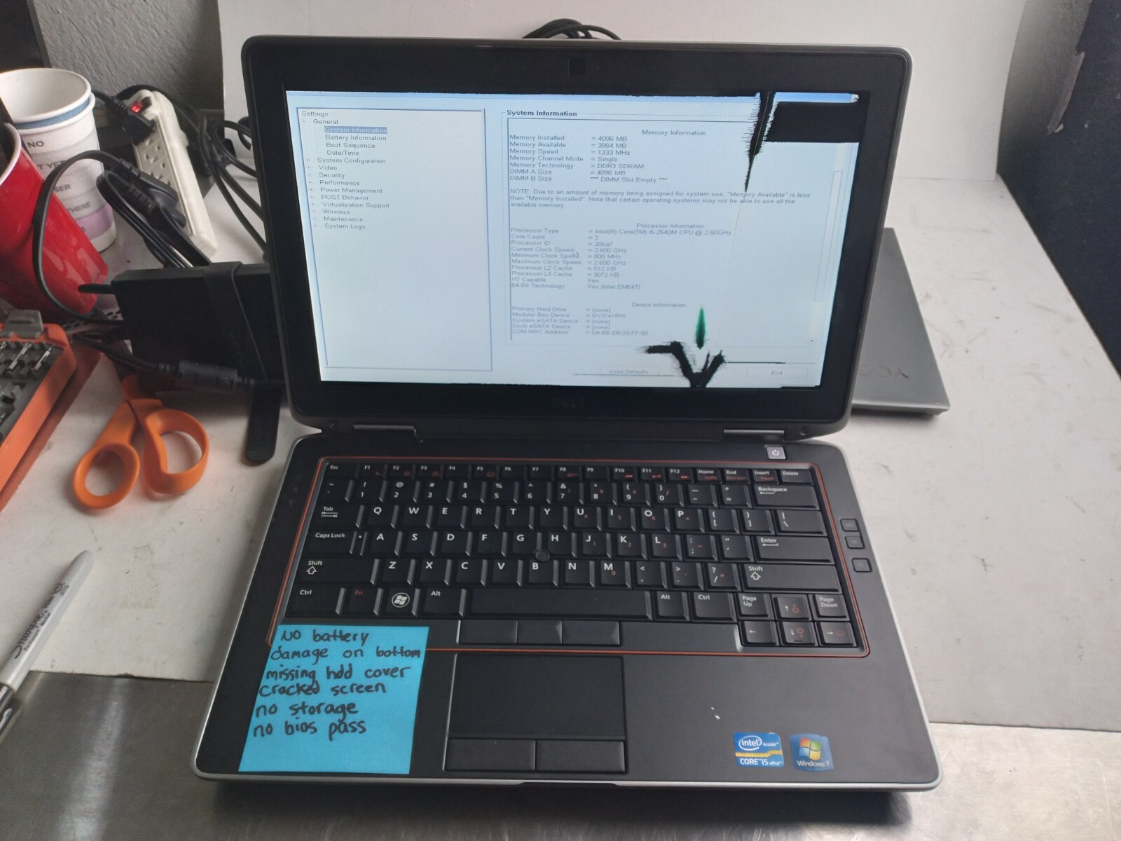 Dell Latitude E6320 w/i5-2540M 2.60, 4GB RAM 13.3″ Laptop for Parts/Repair *READ