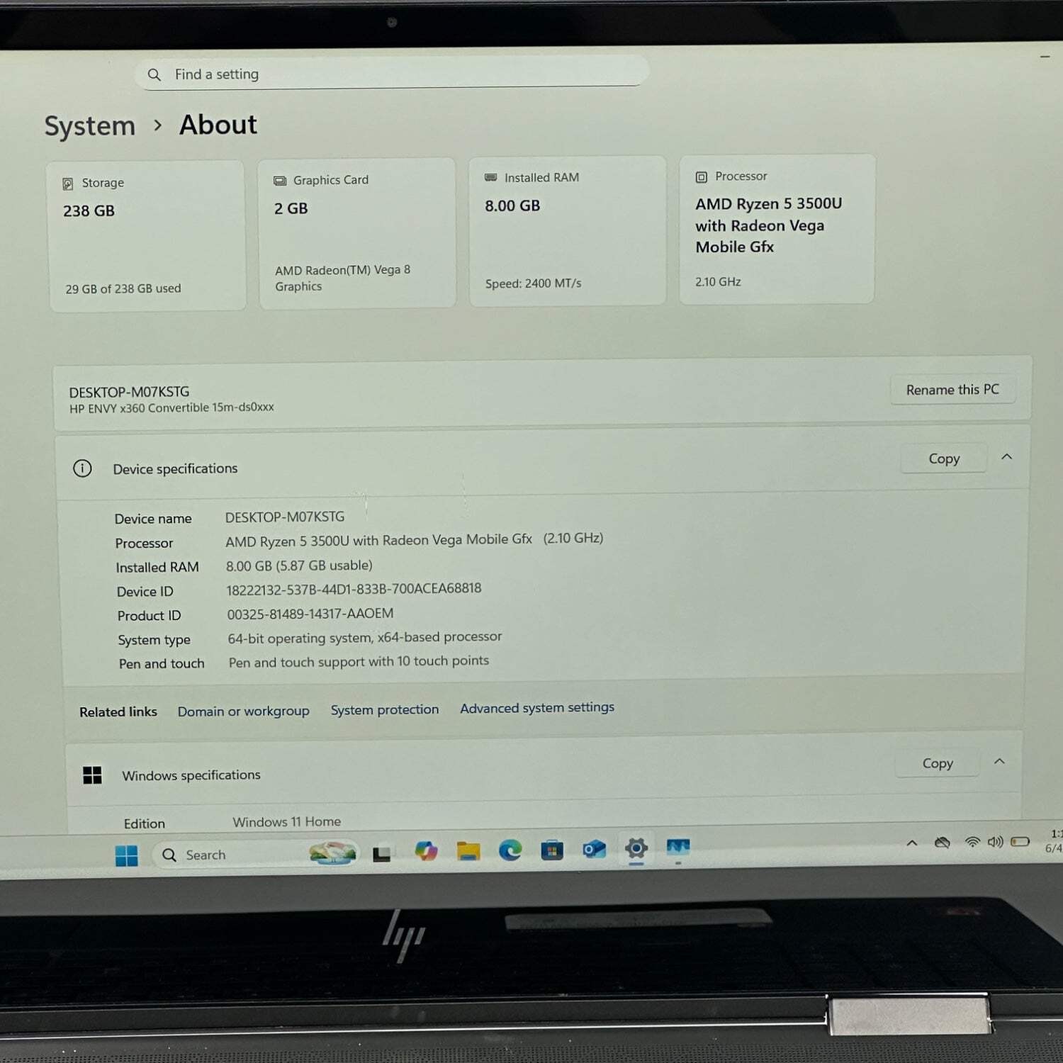 HP Envy x360 15M-DS0011DX 15.6″ Ryzen 5 3500U 2.1GHz 8GB RAM 256GB SSD