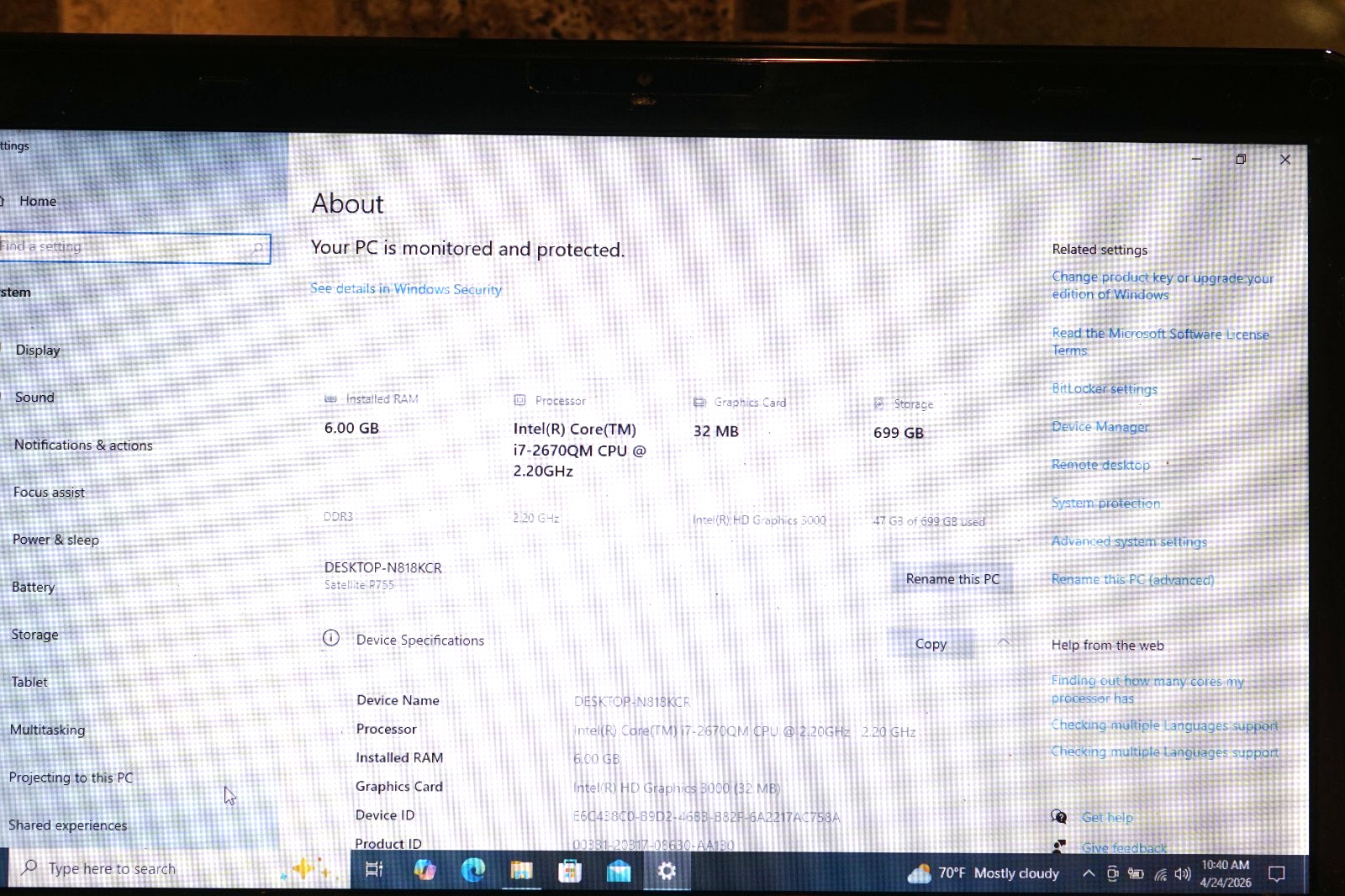 Active 22H2 WIN10 PRO Toshiba P755-S5387 Gen2 i7@2.20GHz,6GB RAM,720GB HDD