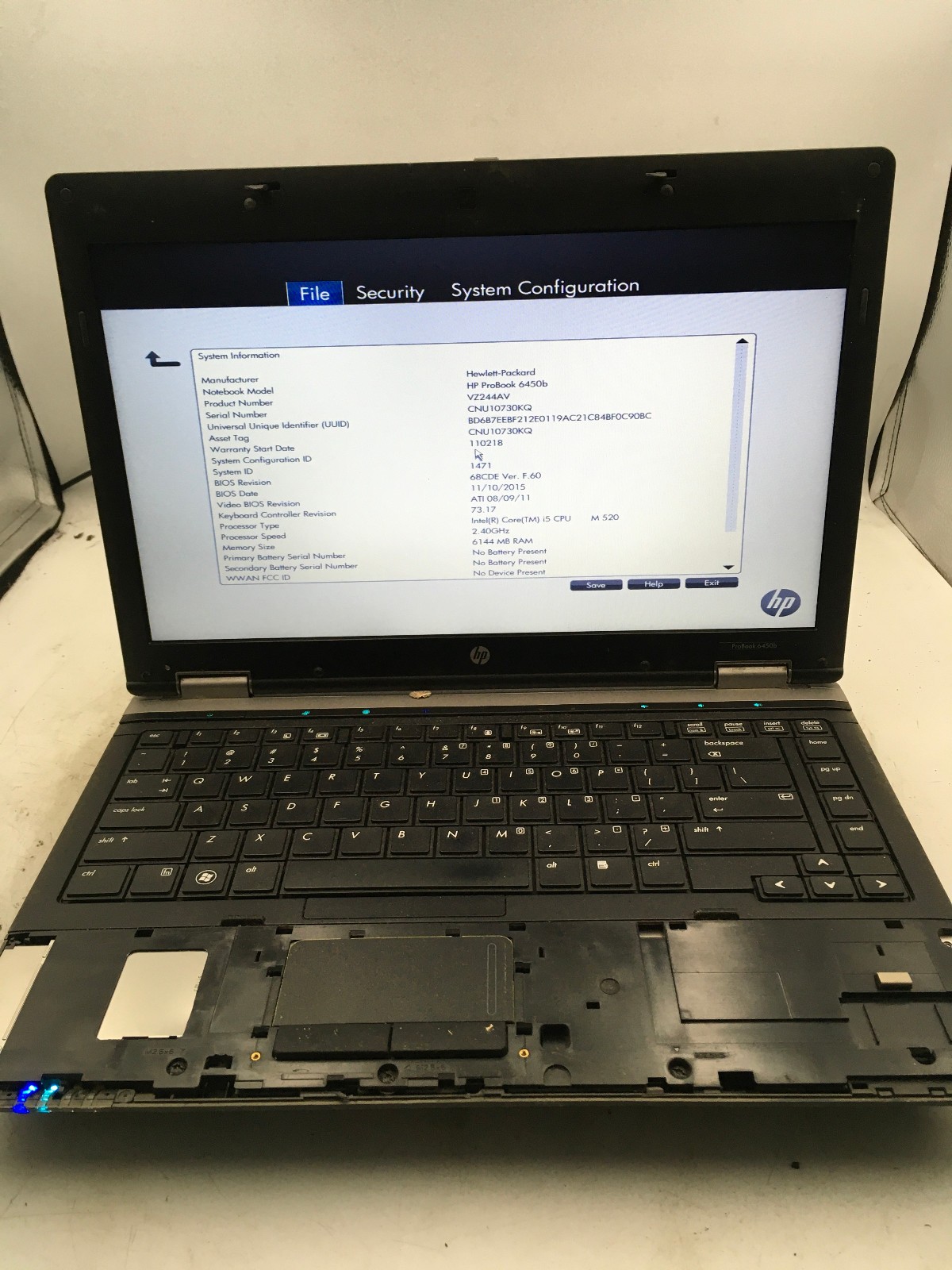 HP PROBOOK 6450B – BOOTS TO BIOS – INTEL I5 M520 – 2GB RAM – READ DESC – BB