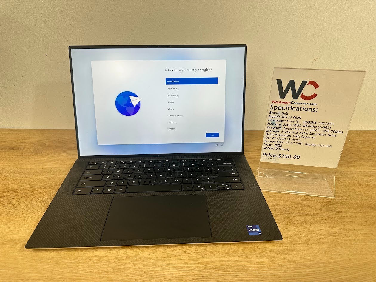 Dell XPS 15 9520, Core i9 12900HK, 32GB DDR5, Nvidia GeForce 3050Ti, 512GB SSD