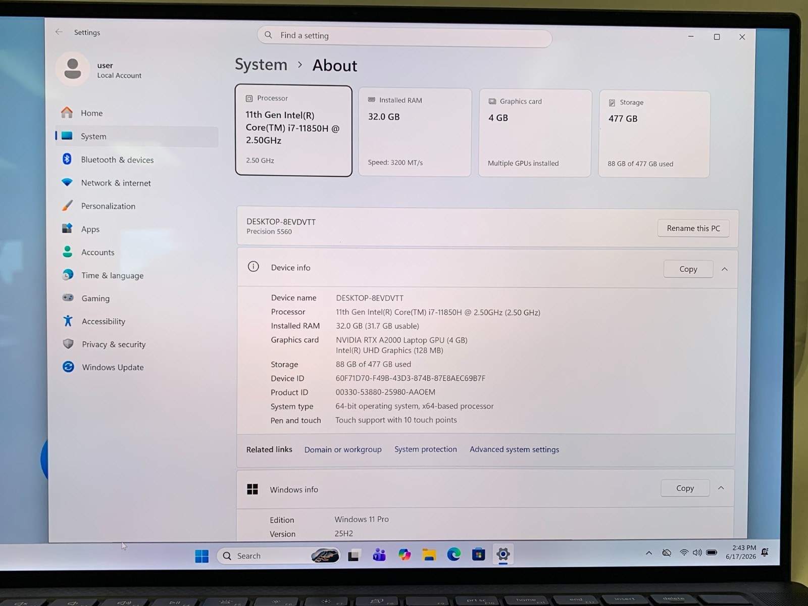 Dell Precision 5560 15.6″ UHD+ Touch i7-11850H 32GB 512GB NVMe NVIDIA RTX A2000
