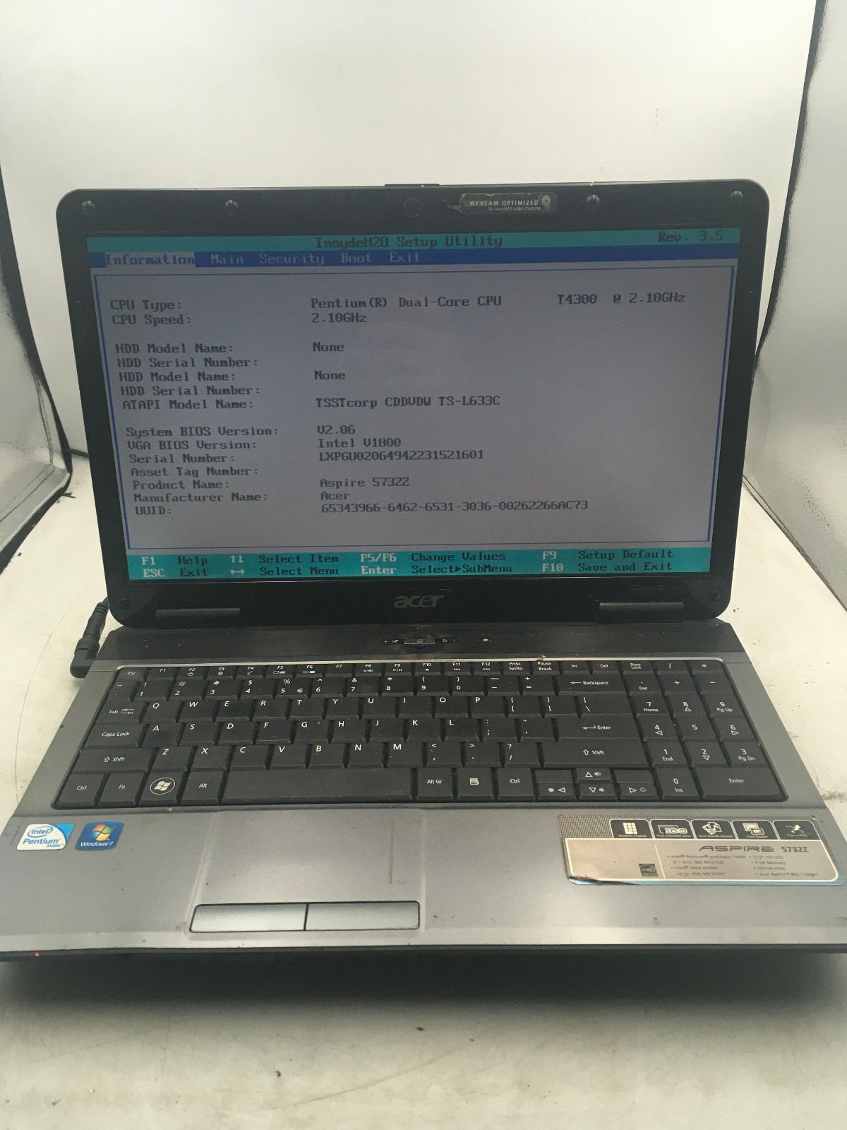 ACER ASPIRE 5732Z 4855 – BOOTS TO BIOS – INTEL T4300 DUAL CORE – 4B RAM -READ-BB