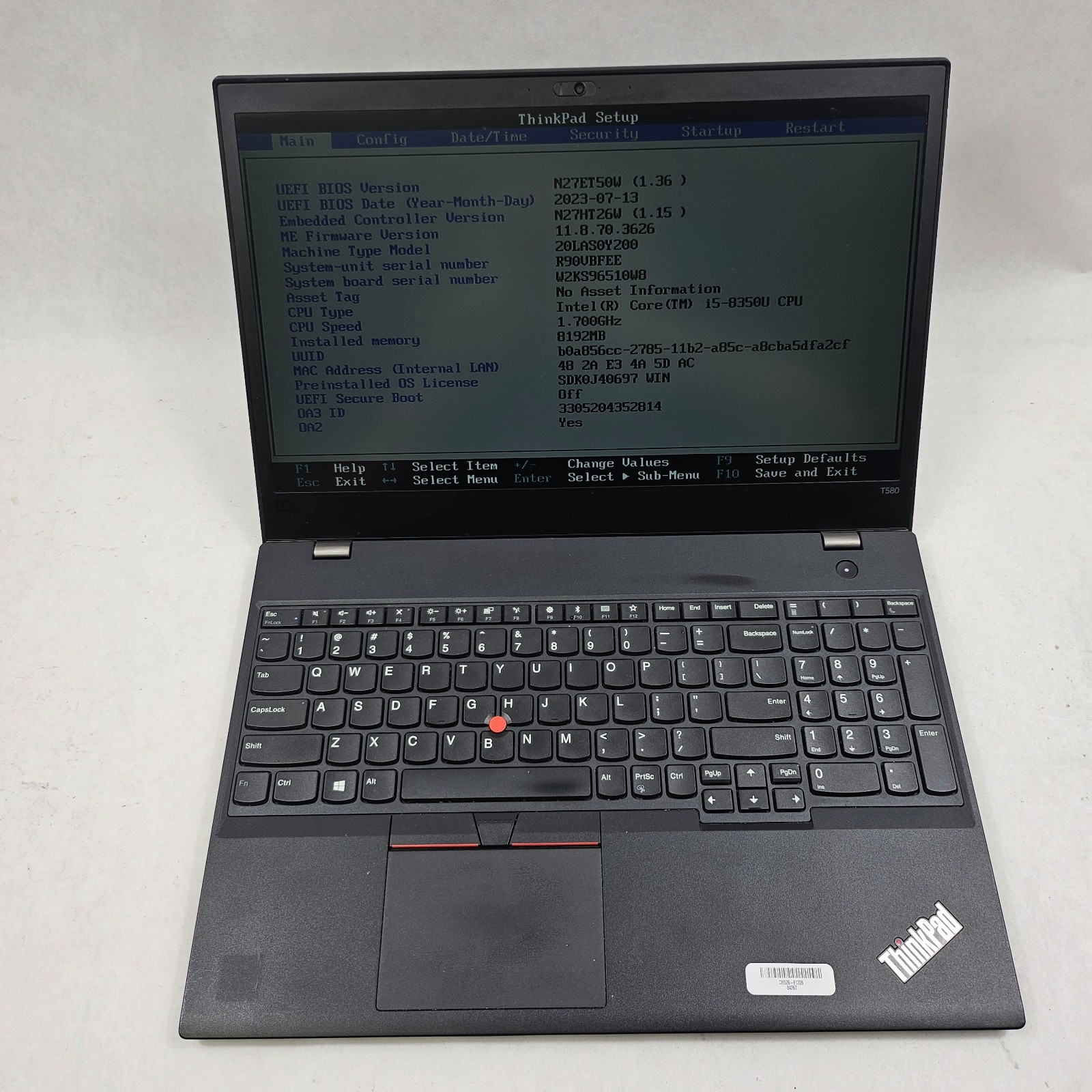 Lenovo ThinkPad T580 Intel Core i5-8350U 1.70GHz 8GB DDR4 RAM 128GB SSD No OS