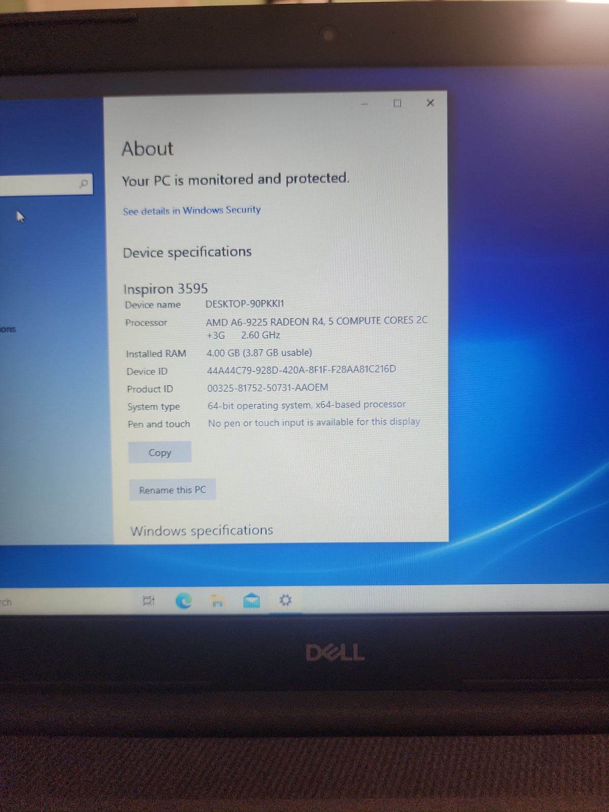 Dell Inspiron 3595 AMD A6-9225 2.60GHz 4GB RAM 500GB HDD Windows 10 Laptop