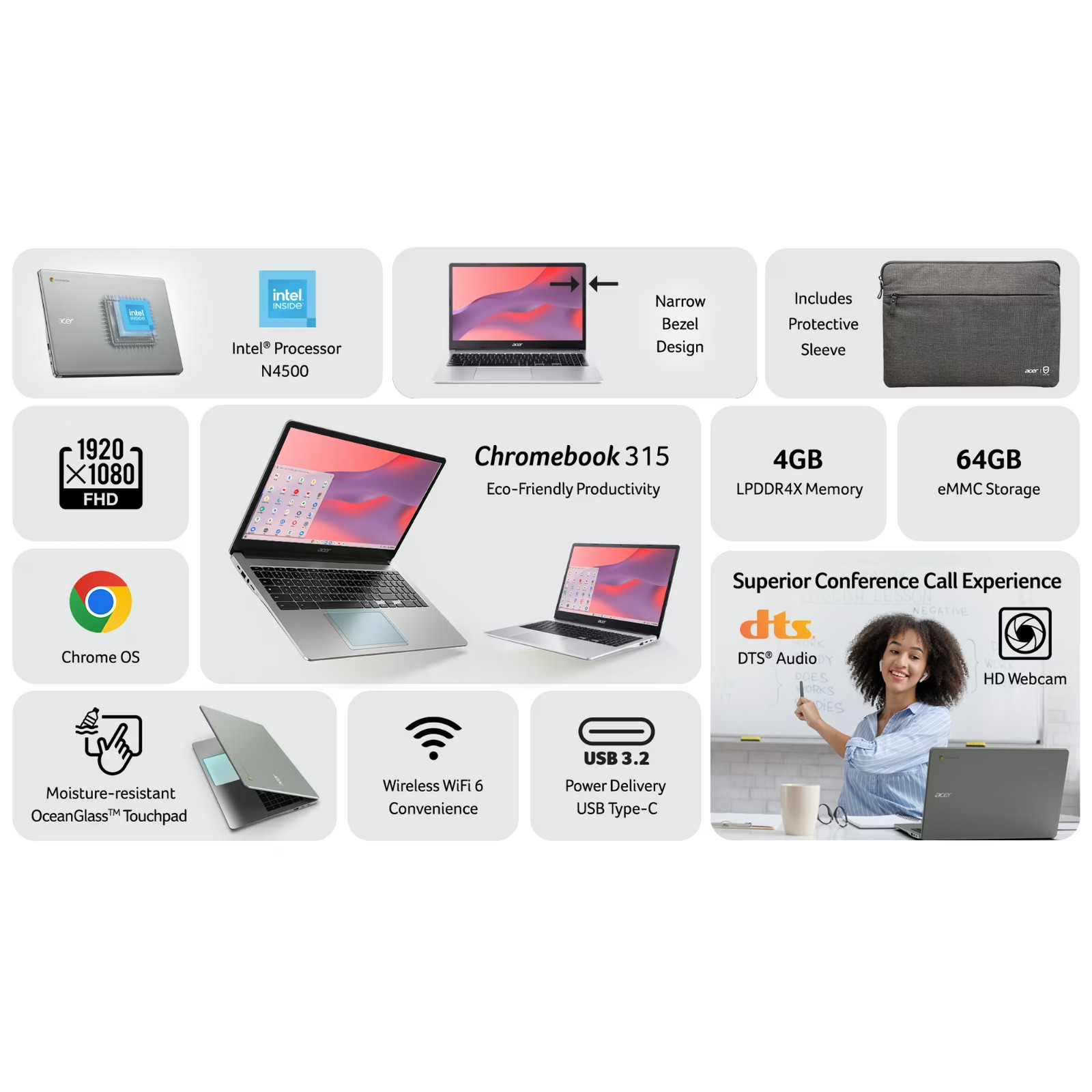 Acer 15.6″ Chromebook FHD Celeron N4500 4GB 64GB UHD✅Professional Refurbished