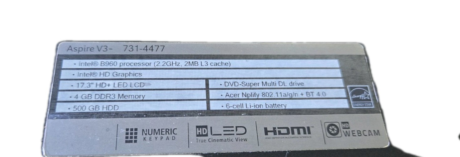 Acer Aspire V3 731-4477 15″ Laptop SOLD AS IS FOR PARTS