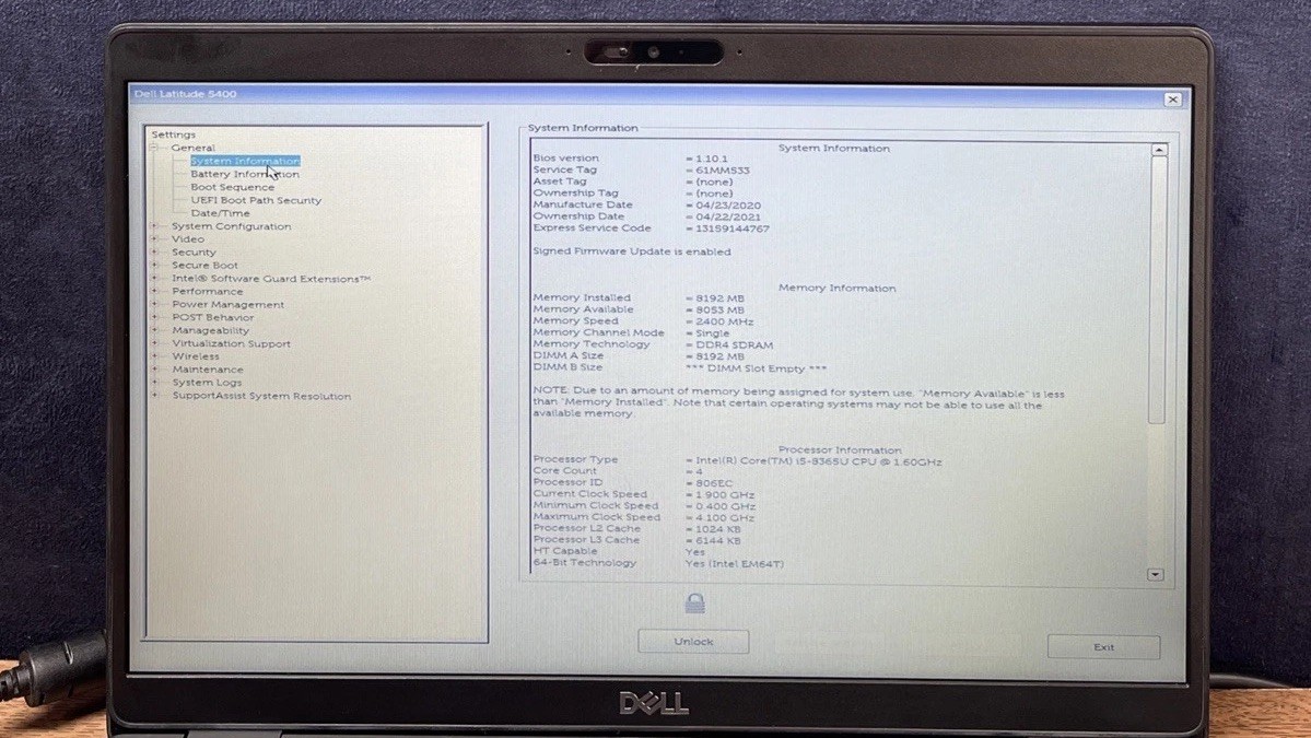 Dell Latitude 5400 14 in Core i5-8365U 1.60 GHz 8GB RAM 256GB SSD