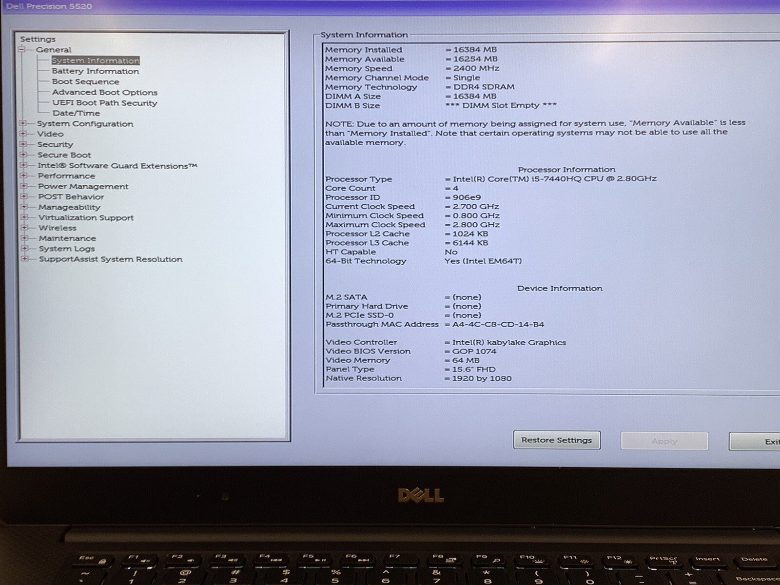 Dell Precision 5520 Core i5-7440HQ @ 2.80GHz | 16GB RAM, NO SSD | #T378