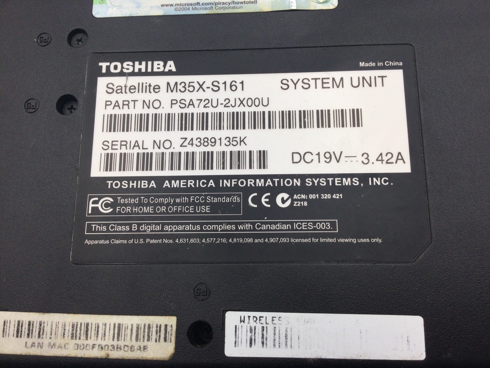 TOSHIBA SATELLITE M35X-S161 – BOOTS TO BIOS – NO RAM – INTEL CELERON – READ – BB