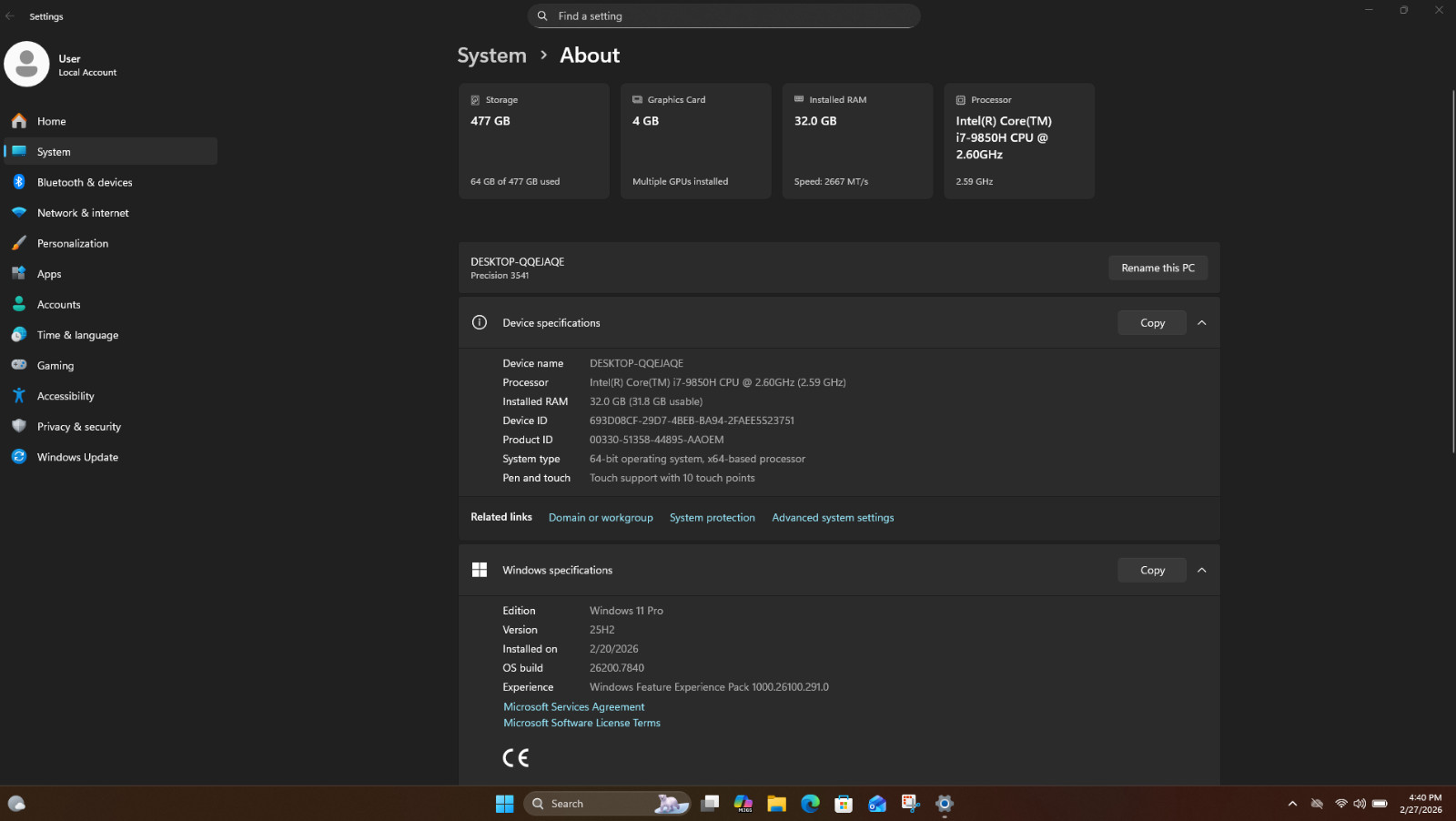 Dell Precision 3541 Mobile Workstation Intel(R) Core(TM)i7-9850H CPU @2.6 GHz 34