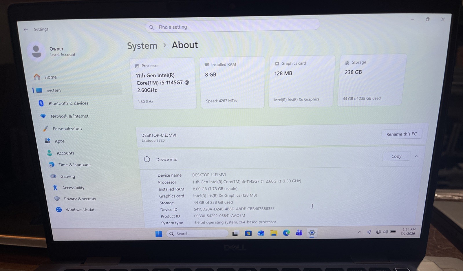 Dell Latitude 7320 13.3″ i5-1145G7@2.6GHz, 8GB RAM, 256GB M2, Win 11 Pro *READ*