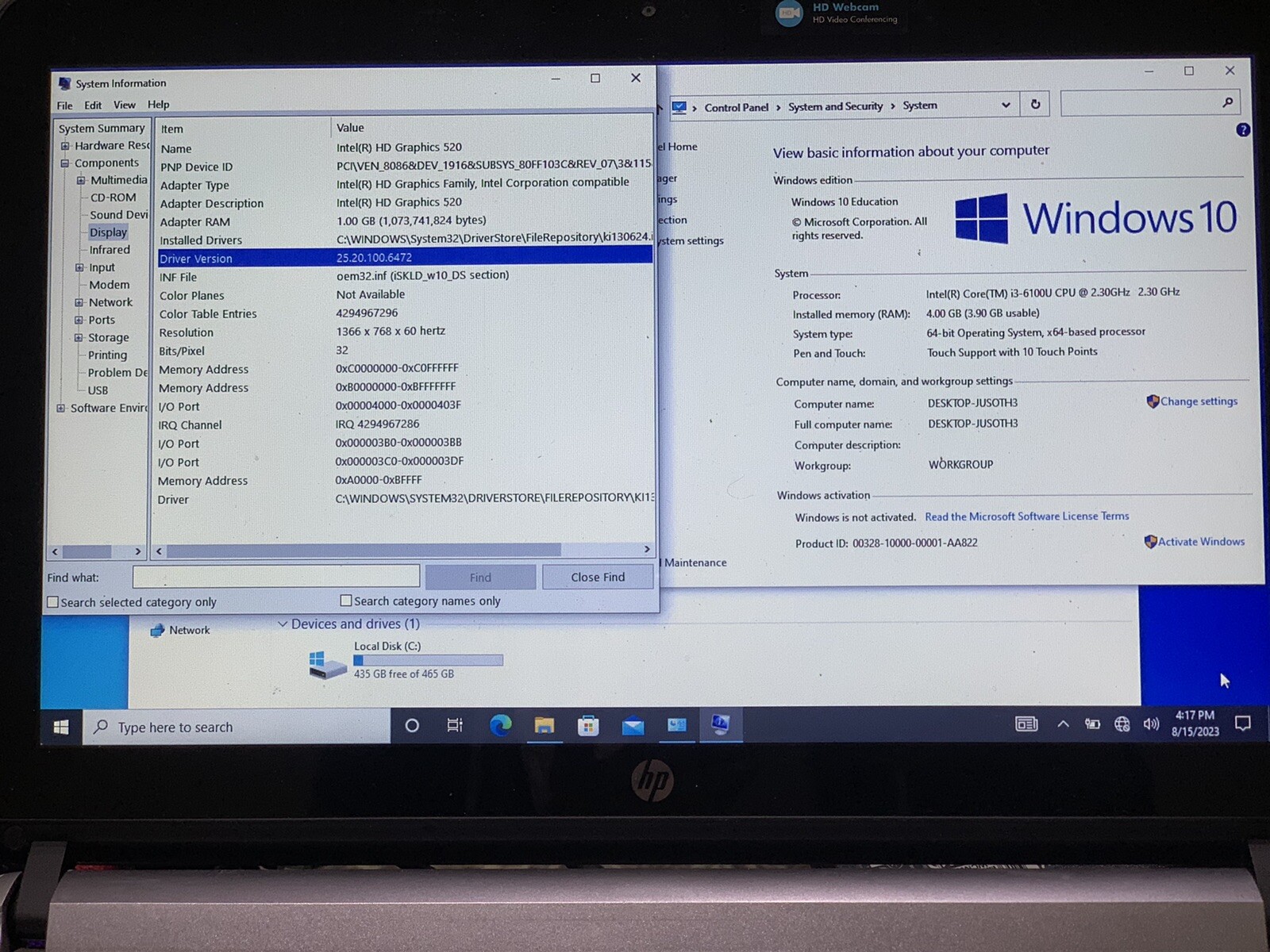 HP ProBook 430 G3| i3-6100U @ 2.3GHz|4GB RAM| 500GB HDD| WIFI | 13.3″ Win10 Pro