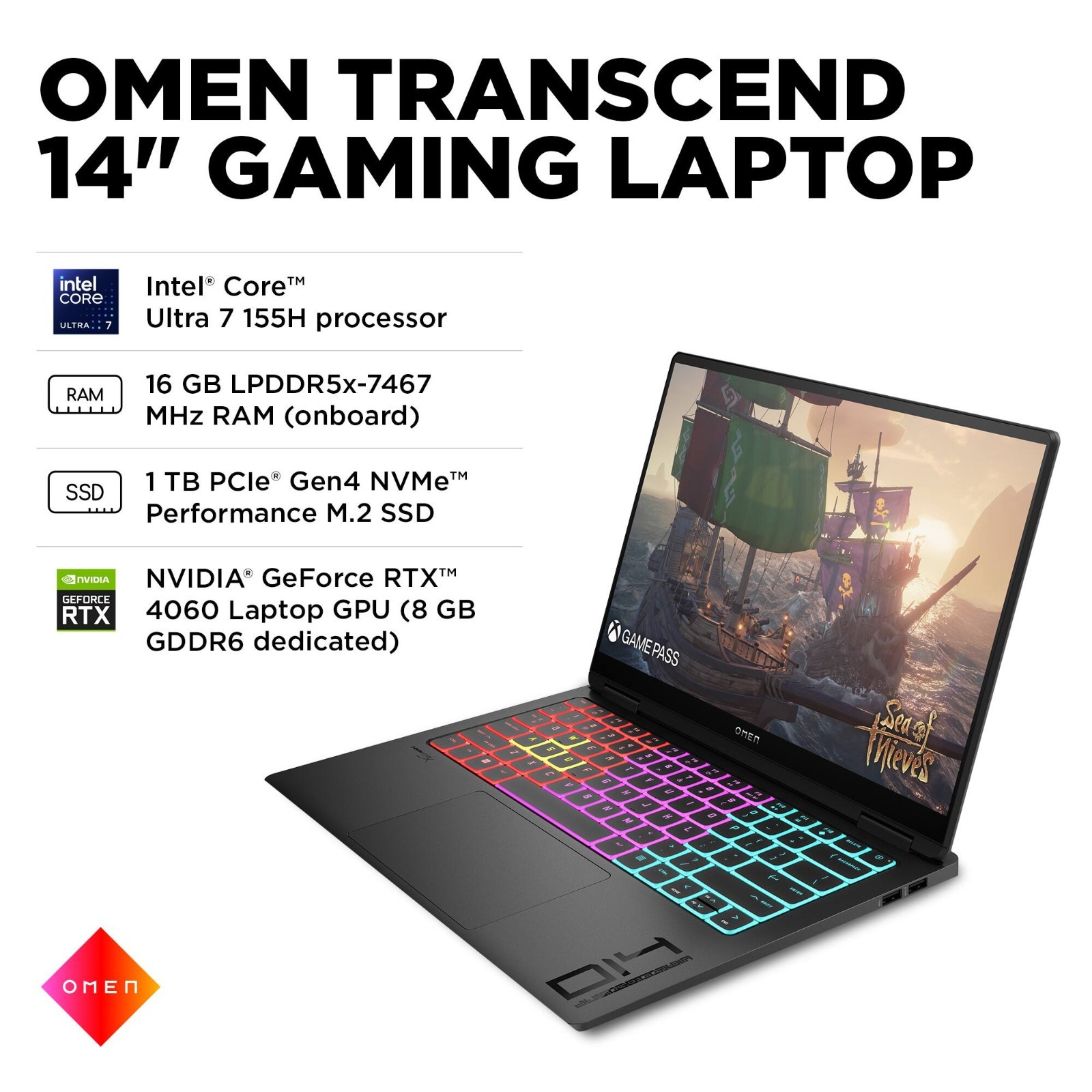 HP OMEN Transcend 14″ 3K OLED Intel Ultra 7 NVIDIA RTX 4060 16GB RAM 1TB SSD W11