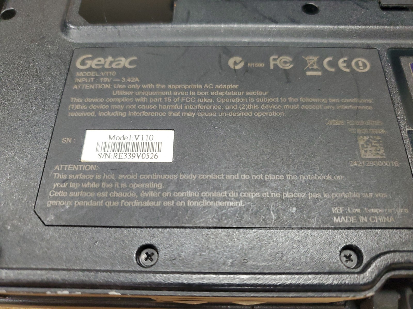 GETAC V110 Laptop Tablet Touch Screen i5-4300U 1.90GHz 8gB No HDD 13100hrs