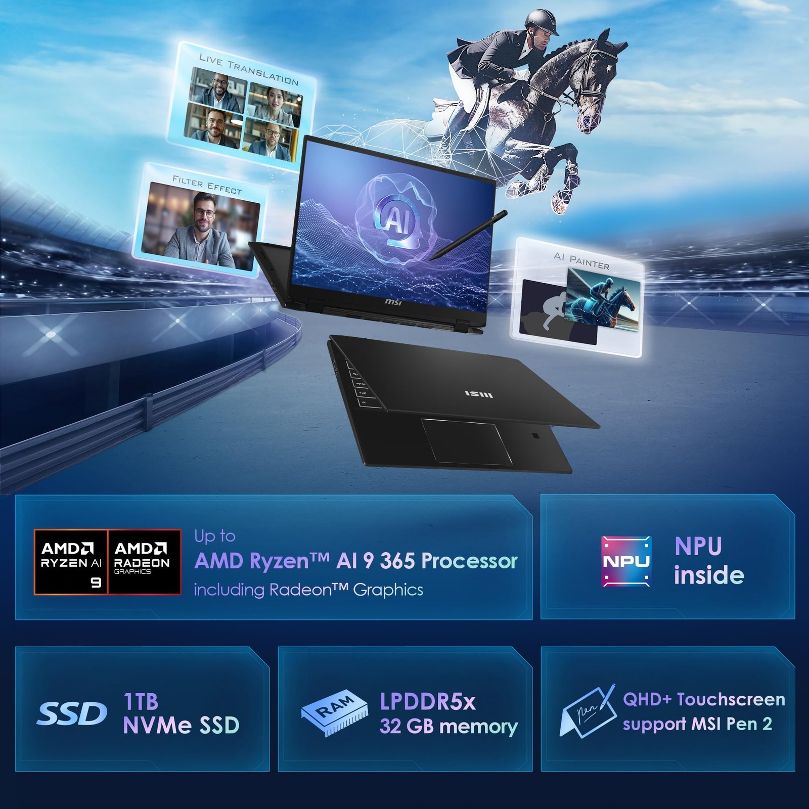 MSI Summit A16 AI+ 16″ 2 in 1 Laptop Ryzen AI 9 365 32GB 1TB W11H SUMA16A3H015