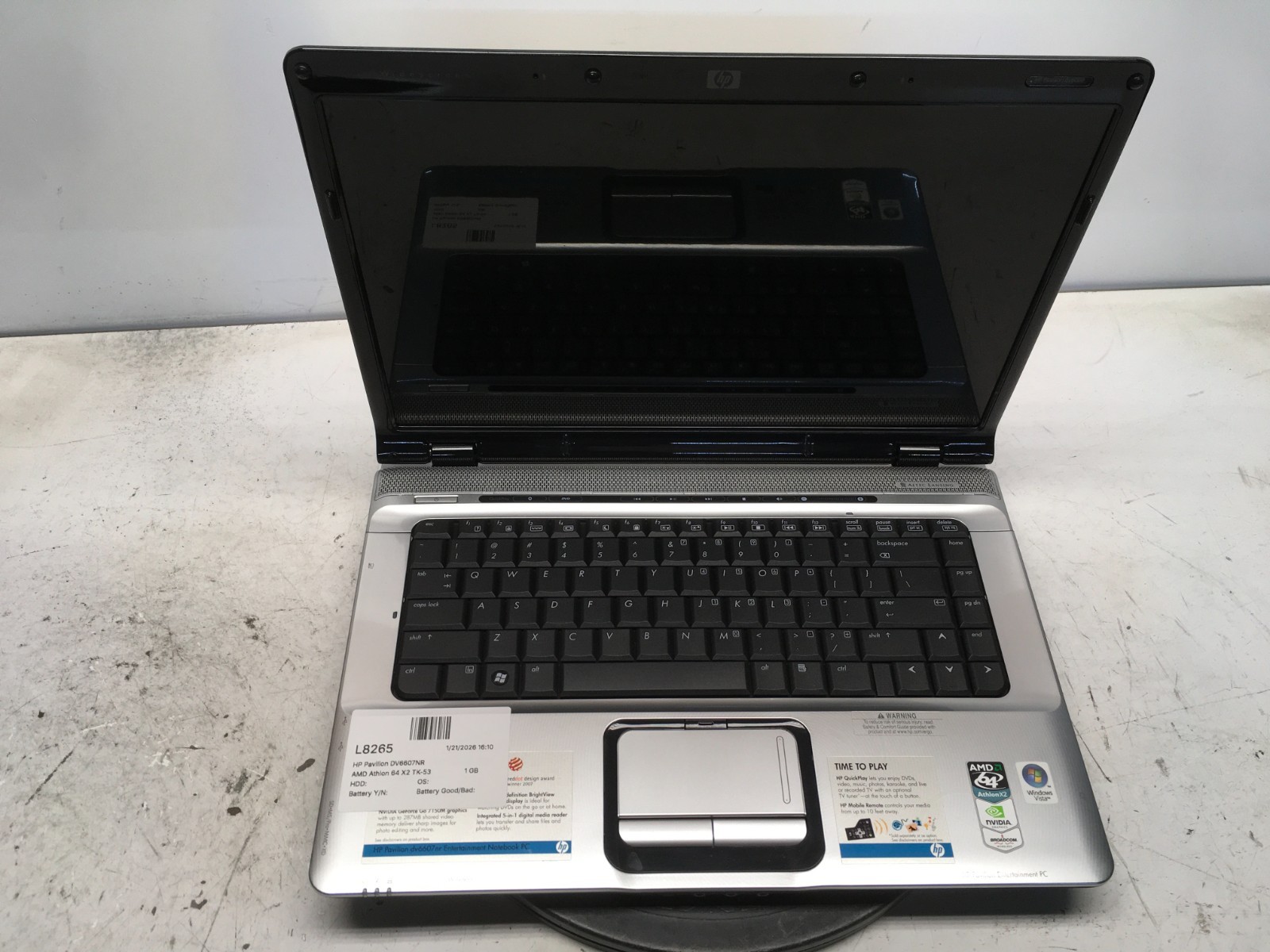 HP Pavilion DV6607NR AMD Athlon 64 X2 TK-53 1700MHz 1 GB NO HDD
