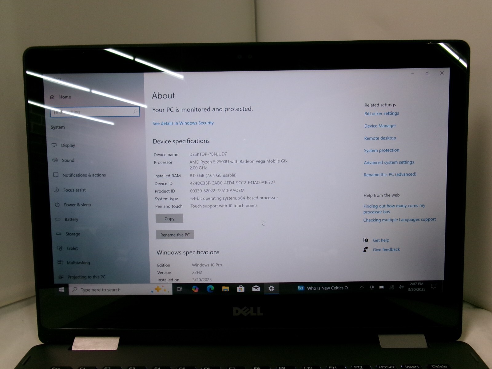 DelI Inspiron 13 7375 2 in 1, Ryzen 5 2500U @ 2.0GHz 8GB RAM 256GB SSD Win10 Pro