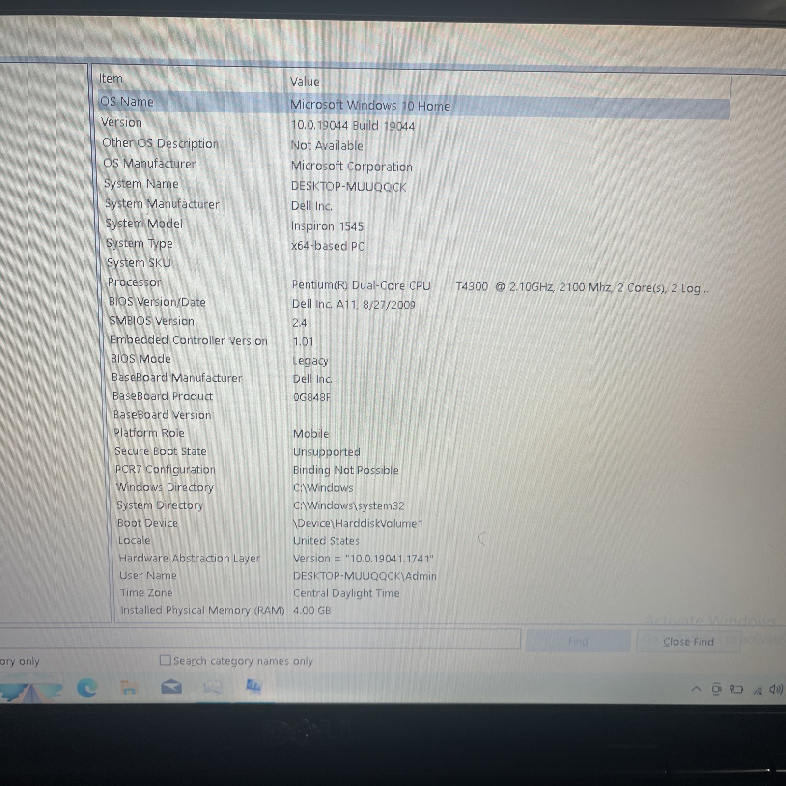 Dell Inspiron 1545 Intel Pentium Dual-Core T4200 2GHz 4GB Ram 300GB HD W10 Parts