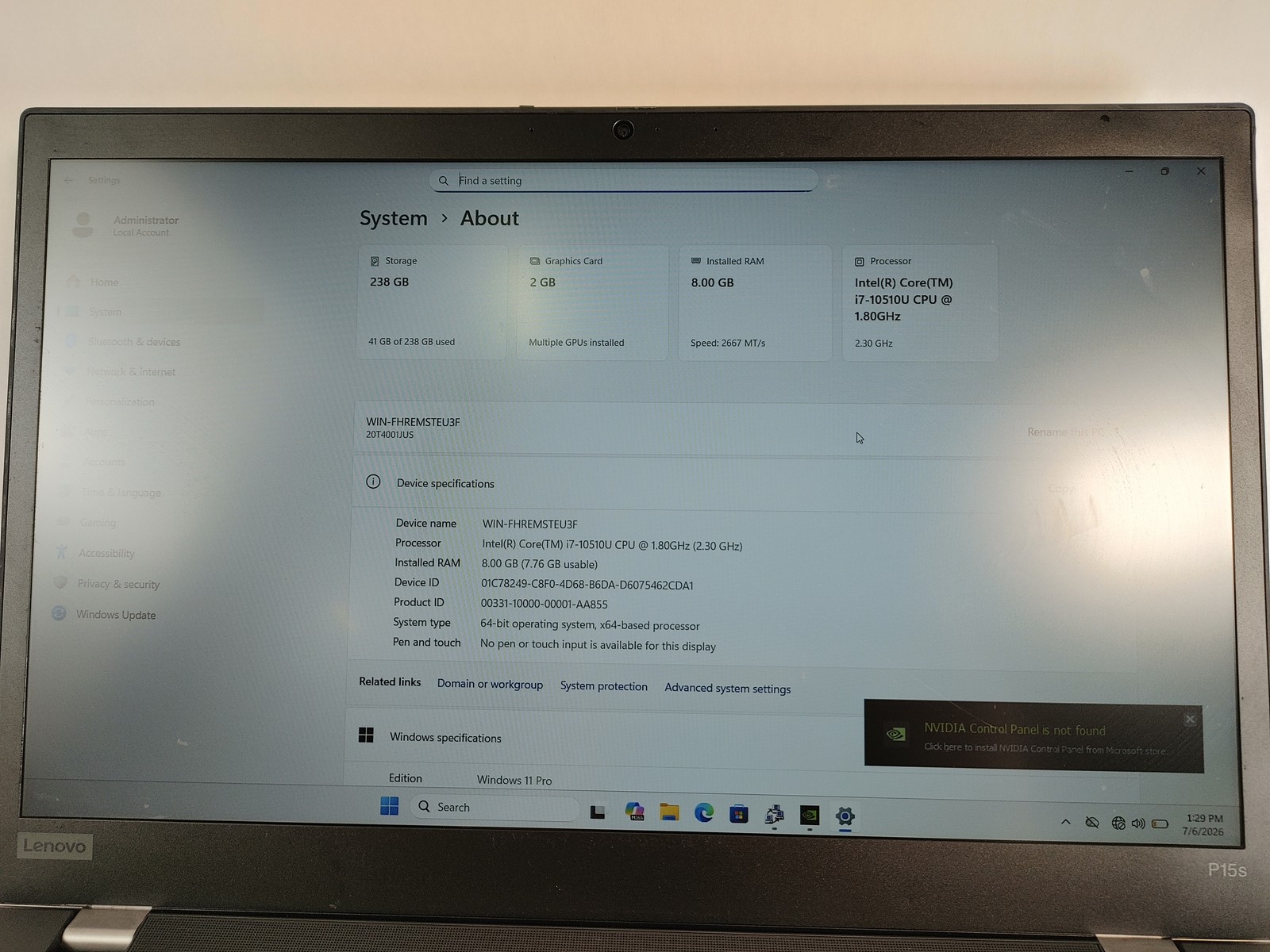 Lenovo ThinkPad P15s Gen 1 Core i7-10510U 1.80 GHz 8 GB DDR4 256 GB NVMe Windows