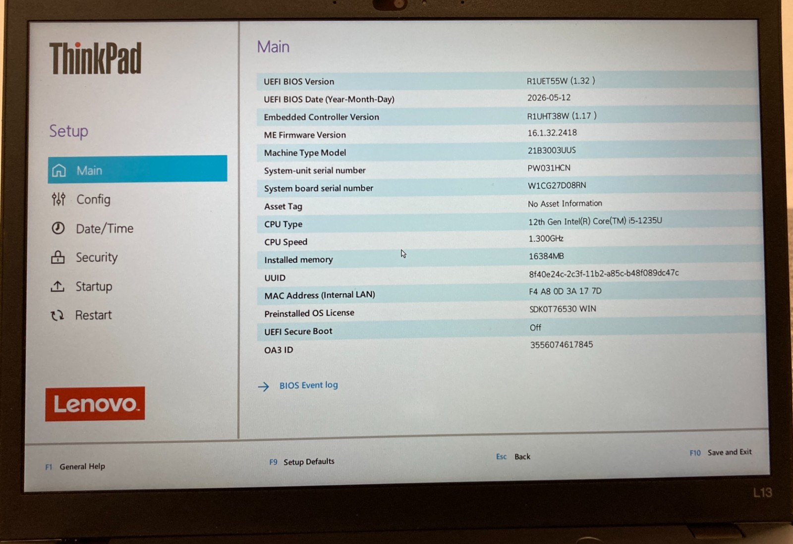 Lenovo ThinkPad L13 Gen 3 14″ Laptop i5-1235U 16GB RAM 256GB NVMe, As Is