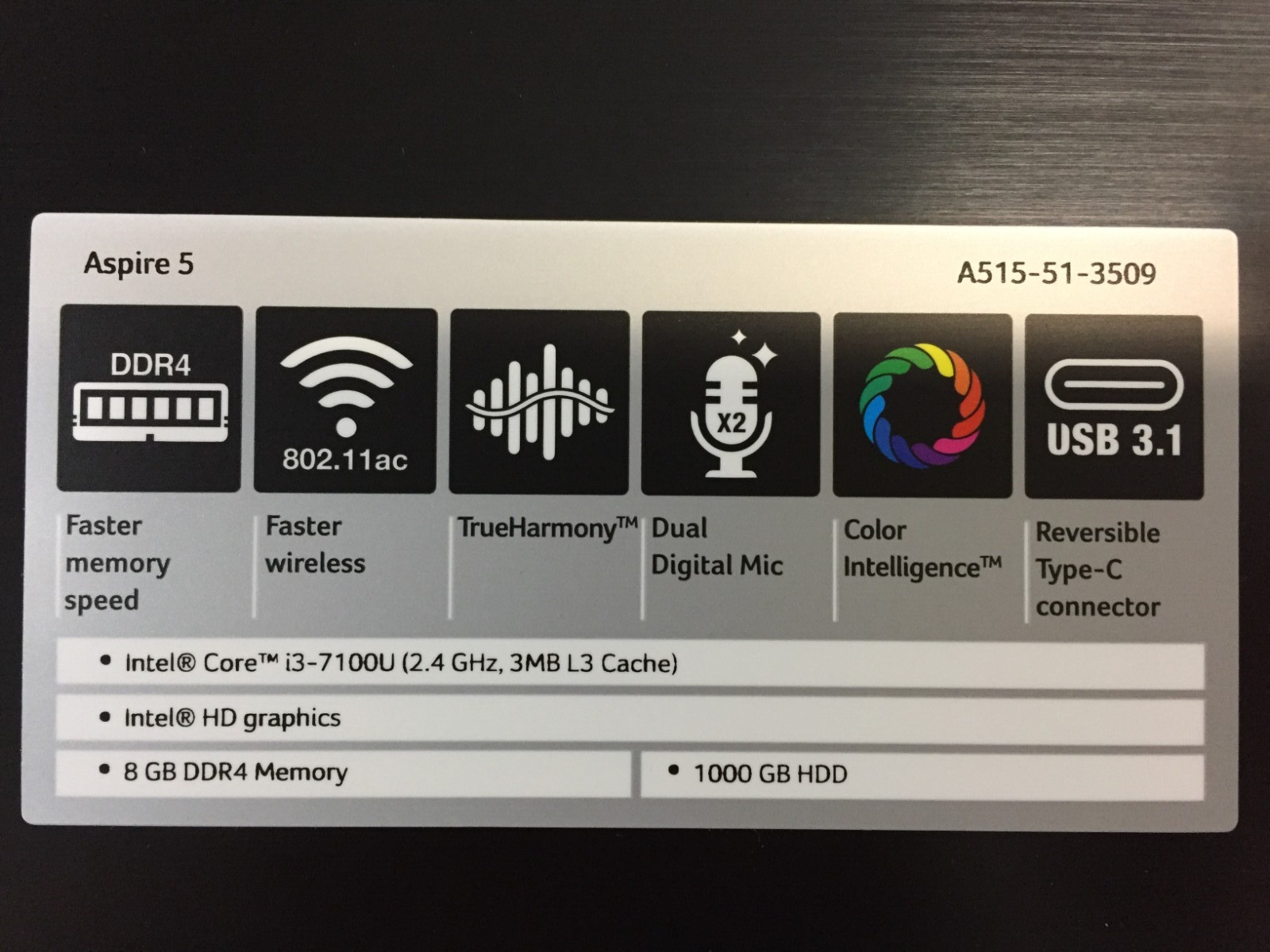 *Bad Battery*Acer Aspire 5 A515-51-3509 15.6″ Laptop/i3-7100U/8GB/1TB HDD/W10H