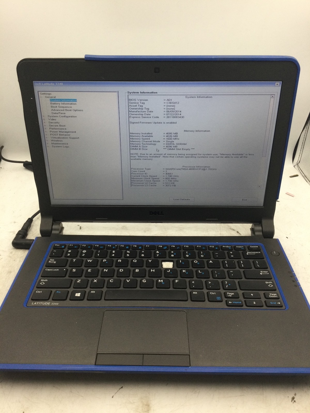 DELL LATITUDE 3340 – BOOTS TO BIOS – INTEL I3 4005 – 4GB RAM -13″- READ DESC-BB