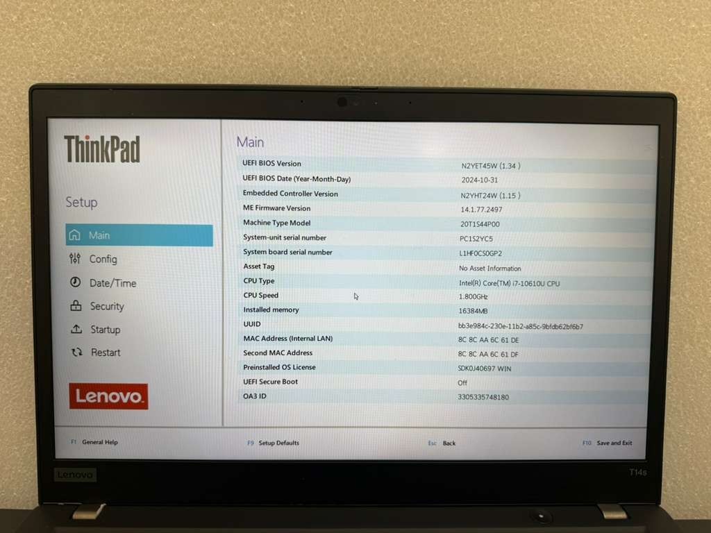 Lenovo T14s Gen 1 14in i7-10610U 1.80GHz 16GB RAM 256GB SSD Win 11 Pro