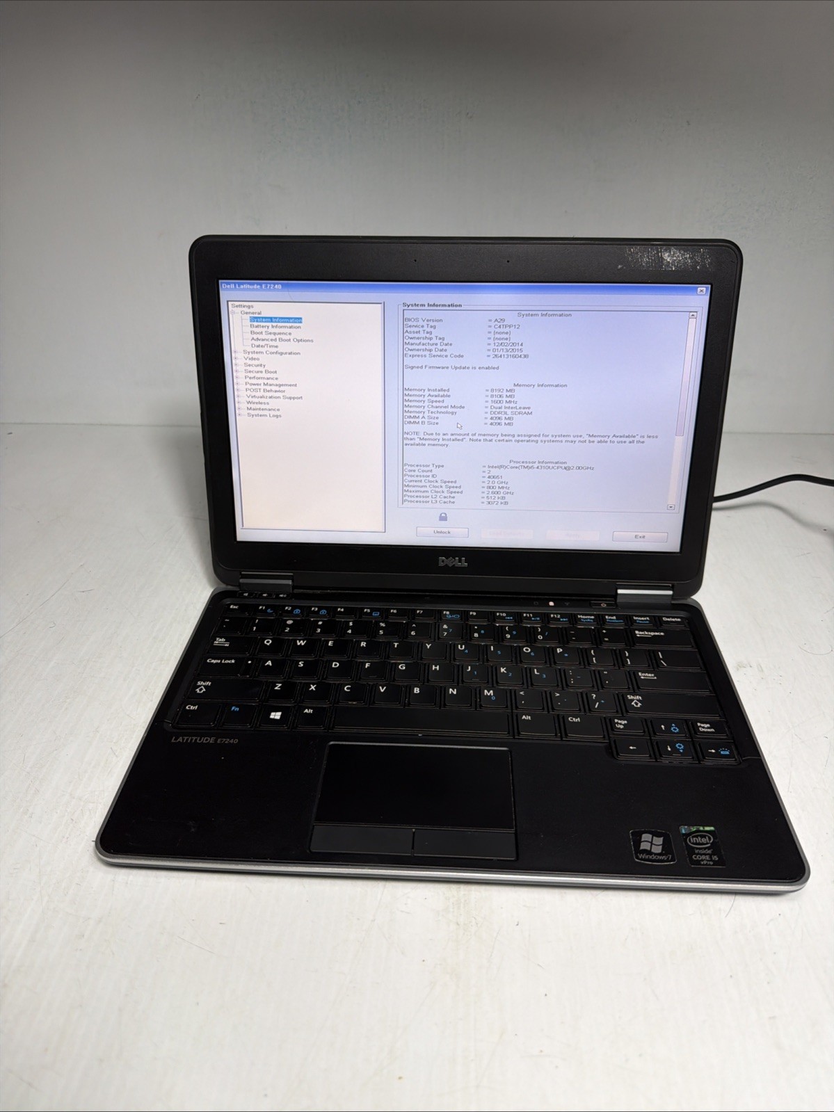 Dell Latitude E7240 12″ Laptop i5-4310u 8gb Ram No Drives Boots Bios Bios Passwo