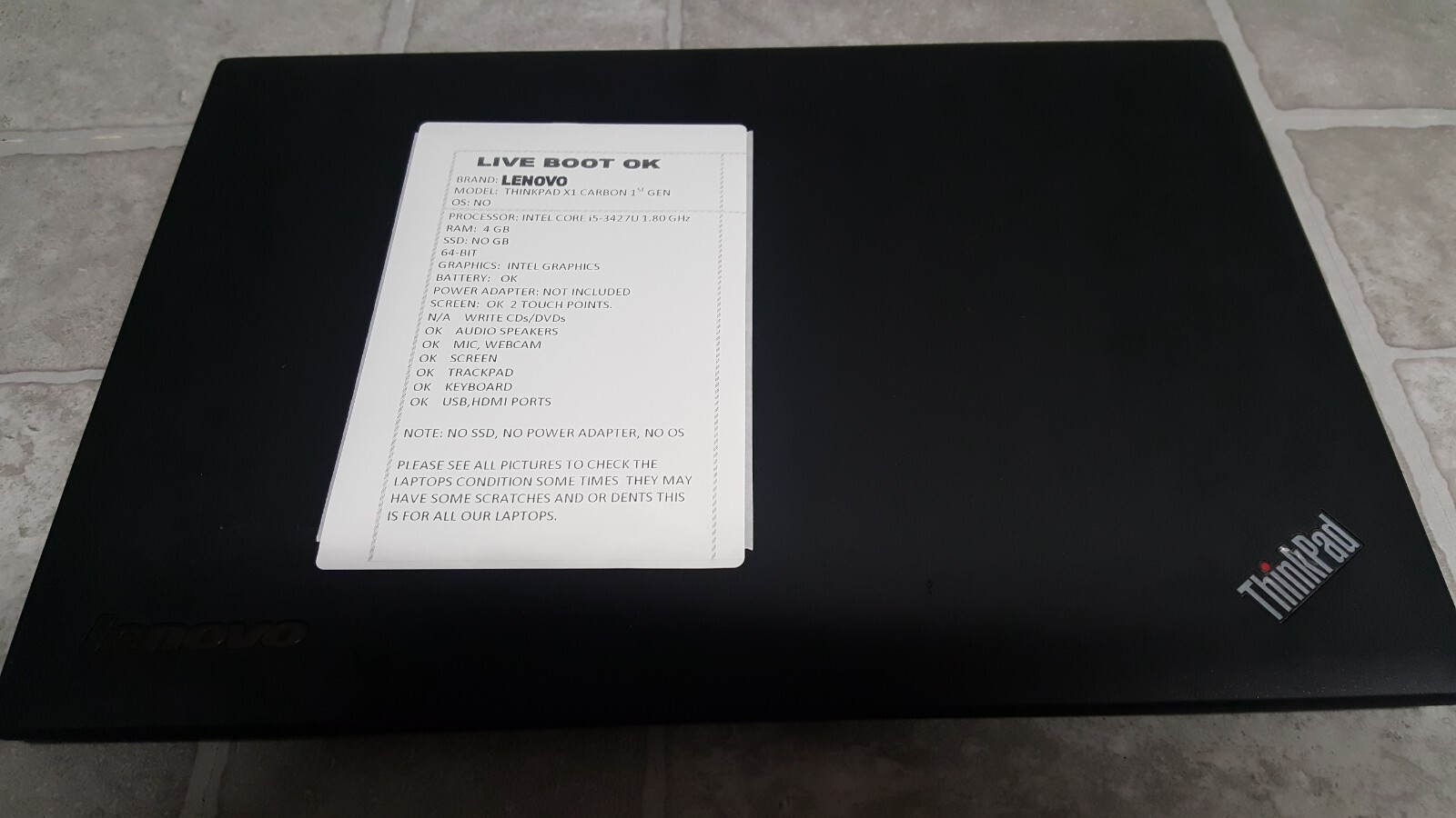 LENOVO THINKPAD X1 CARBON Intel Core i5 1.80 GHZ 4 GB RAM No SSD/OS/PWR ADAPTER