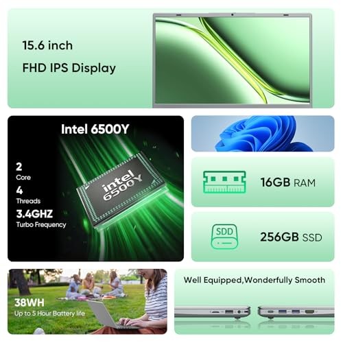 15.6″ Full HD Laptop with 16GB RAM 256GB SSD,Laptop Computer, Dual-core Silver