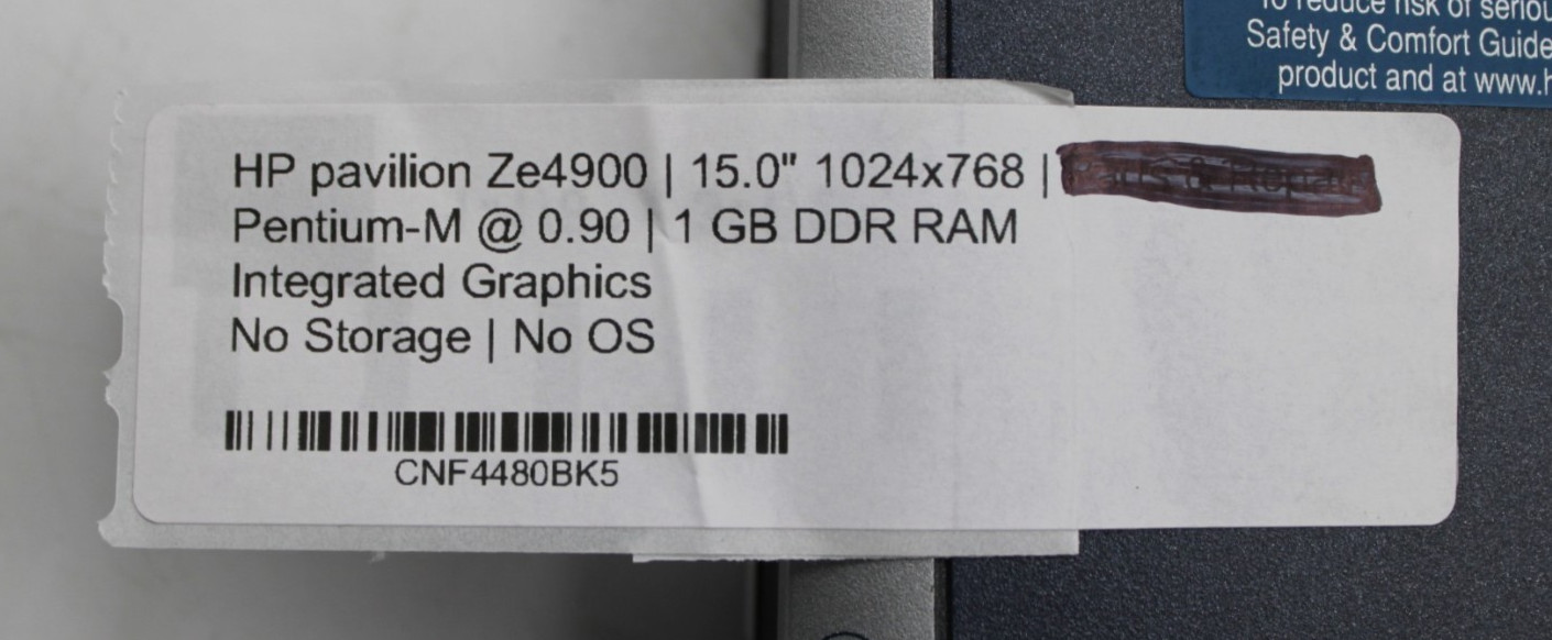 HP Pavilion Ze4900 Pentium M@0.9GHz 1GB DDR NO STORAGE OR OS *USED/TESTED*