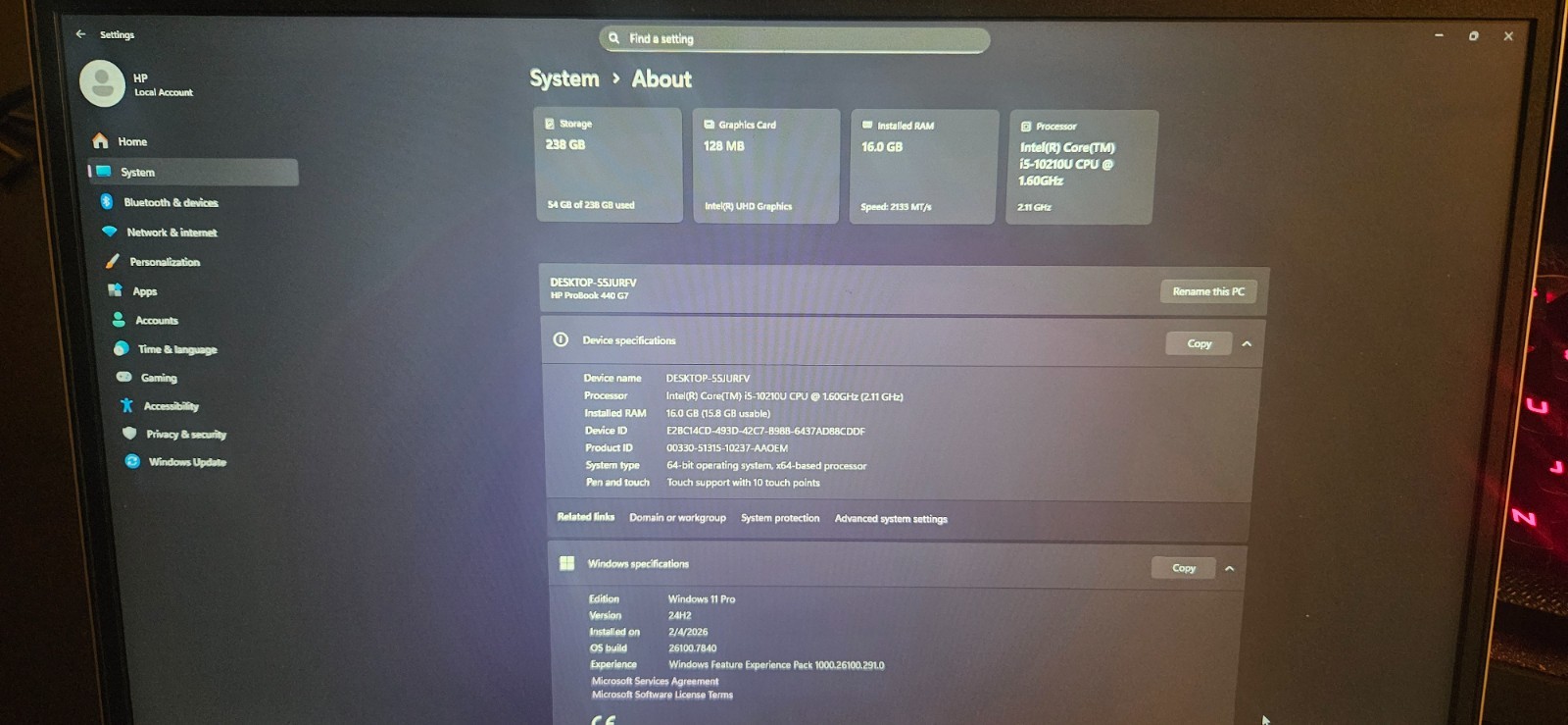 HP Probook 440 G7 I5-10210U 512GB NvME SSD 16GB DDR4 Win11Pro Touchscreen