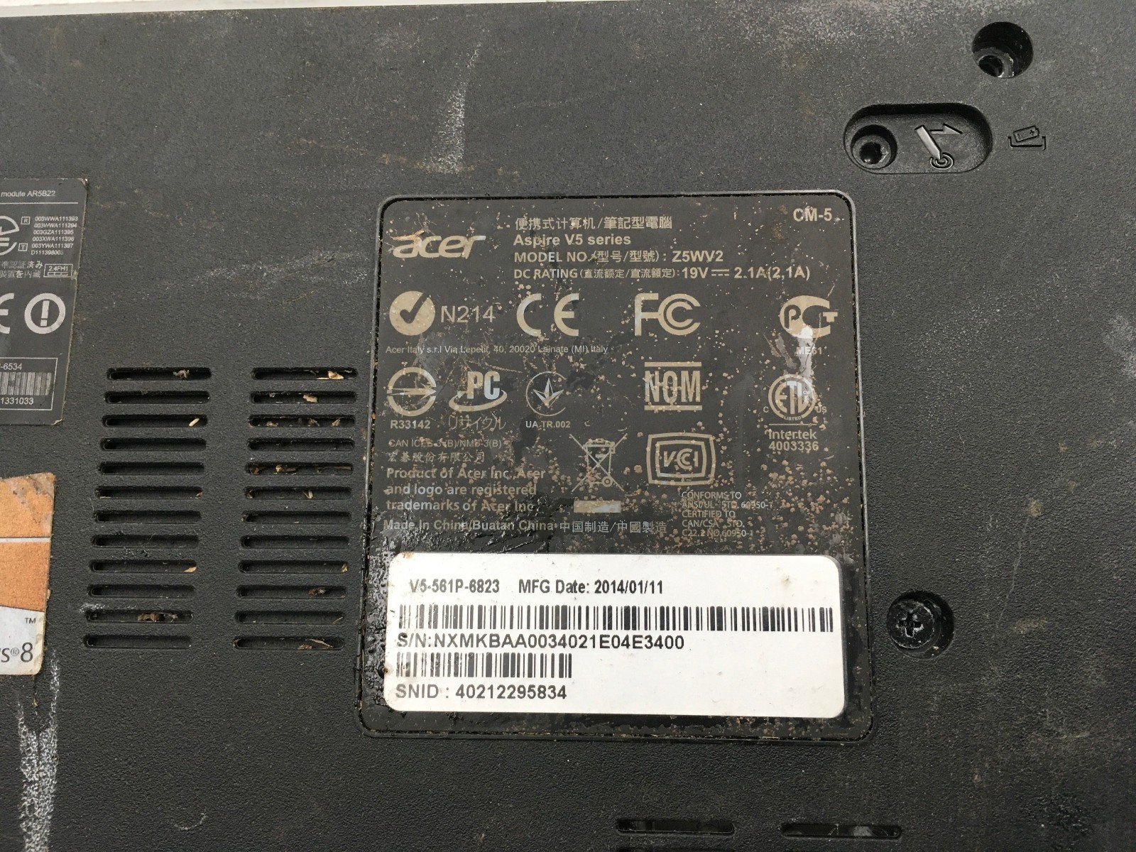 ACER ASPIRE V5 Z5WV2 – FOR PARTS/NO LCD – INTEL CORE i5-3317U – NO RAM – READ-BB