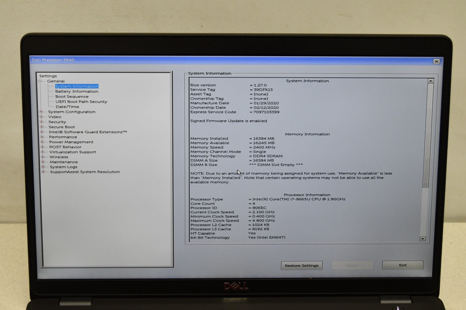 ^ Dell Precision 3540 15.6″ FHD i7-8665U 1.9GHz 16GB Ram 256GB SSD W11 #X7270