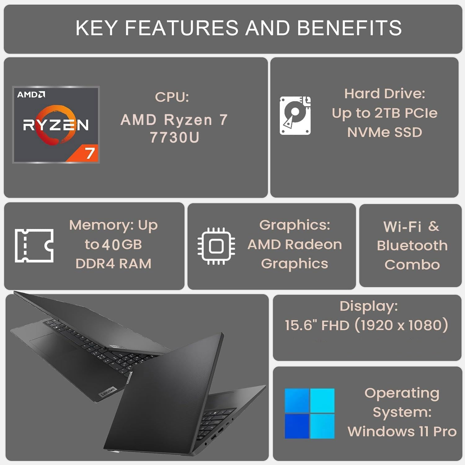 V-Series V15 Business Laptop, 15.6″ FHD Display, AMD Ryzen 7 7730U, 16GB RAM, 51