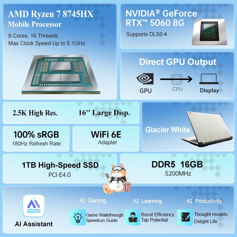 COLORFIRE MEOW R16 Pro Gaming Laptop, AMD Ryzen 7 8745HX, GeForce RTX 5060 GPU