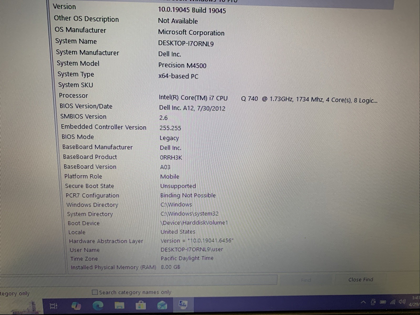 DELL PRECISION M4500 i7-Q740, 8GB RAM,256 GB SSD Wind 10 Pro /It needs a key.