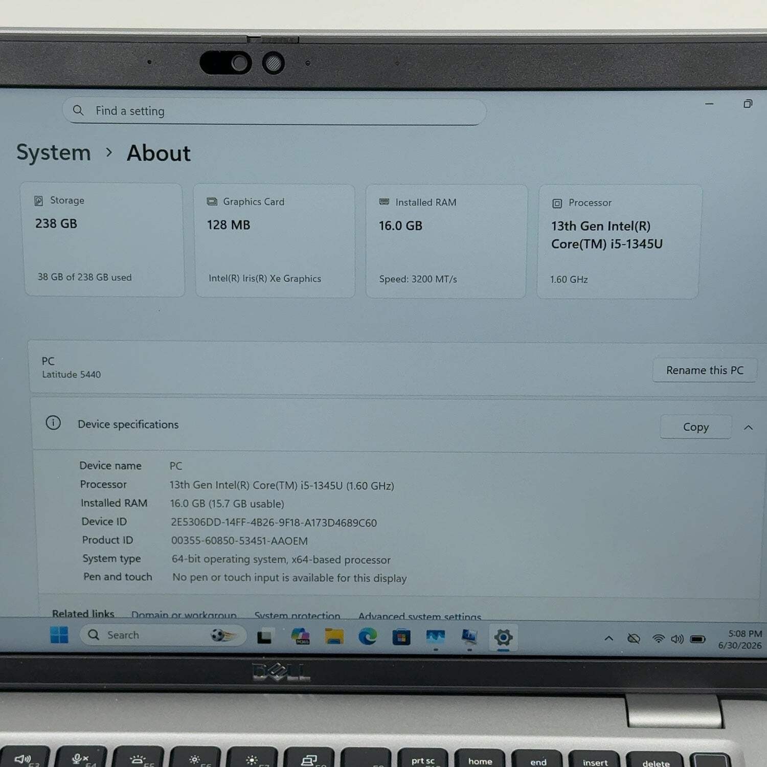 Dell Latitude 5440 14″ i5-1345U 1.6GHz 16GB RAM 256GB SSD