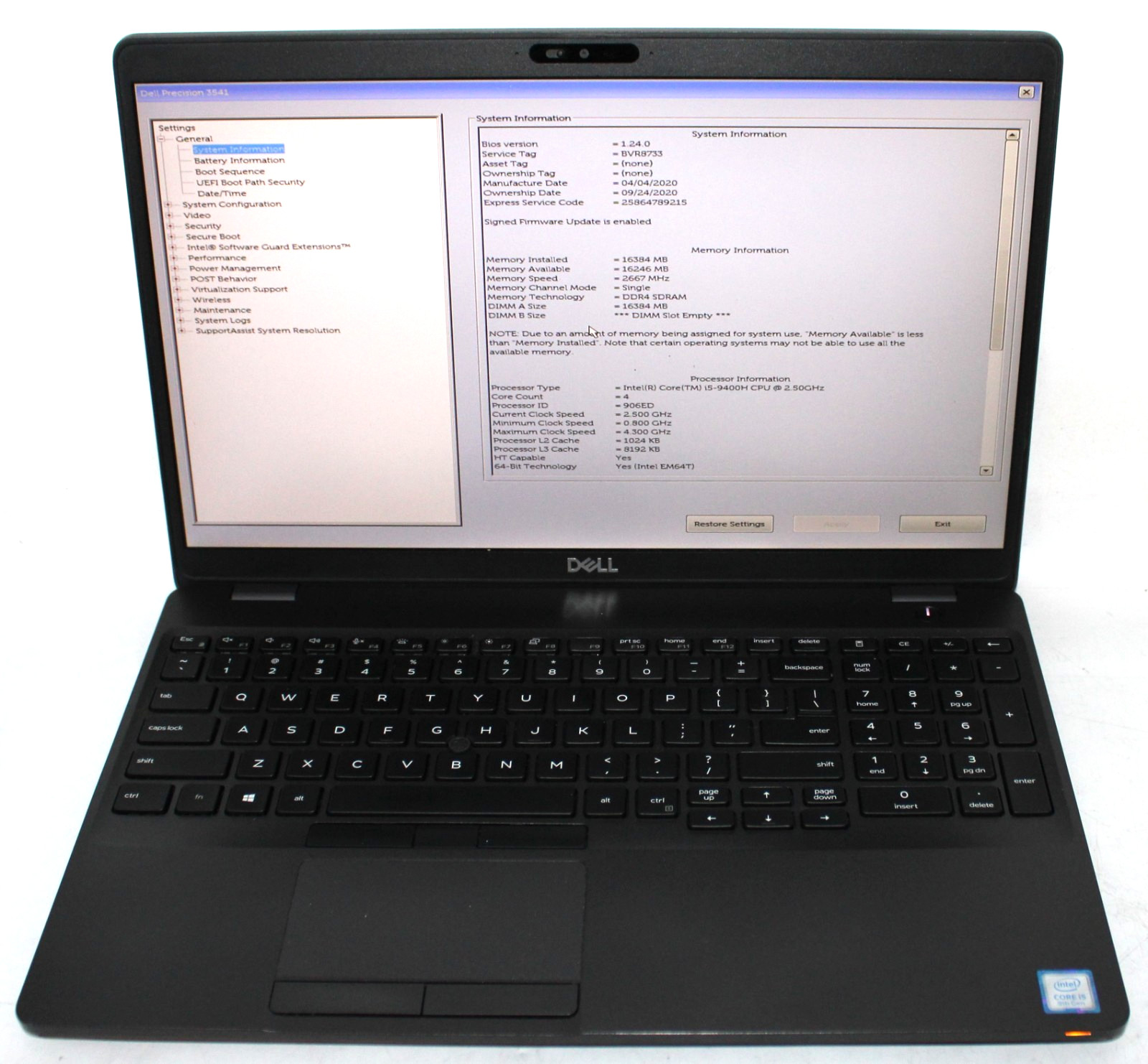 Dell PRECISION 3541 Laptop i5-9400H 2.50GHz 16GB RAM 256GB SSD Quad P620 11P *RF